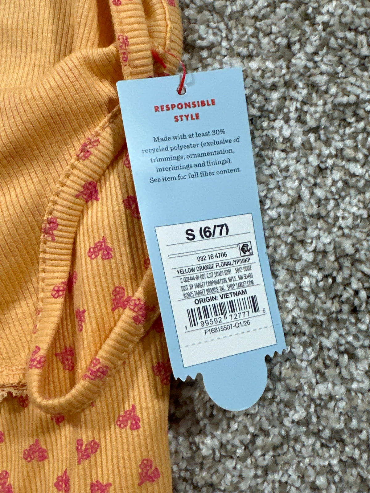 Cat & Jack girls yellow orange floral lace-trim henley tank top, size S 6 7