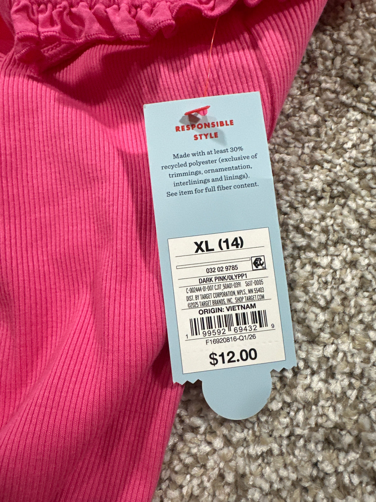 Cat & Jack girls dark pink ribbed ruffle tank top, size XL (14)