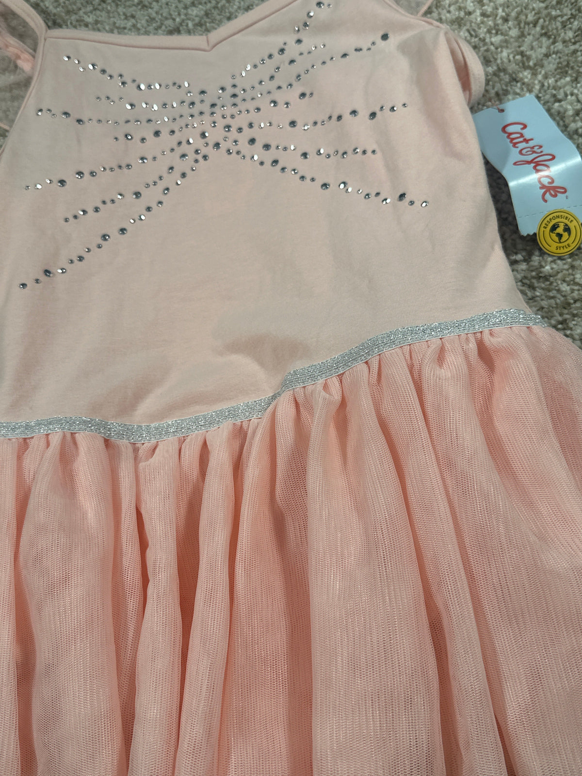 Cat & Jack pink rhinestone star tulle dress bodysuit size L 10 12