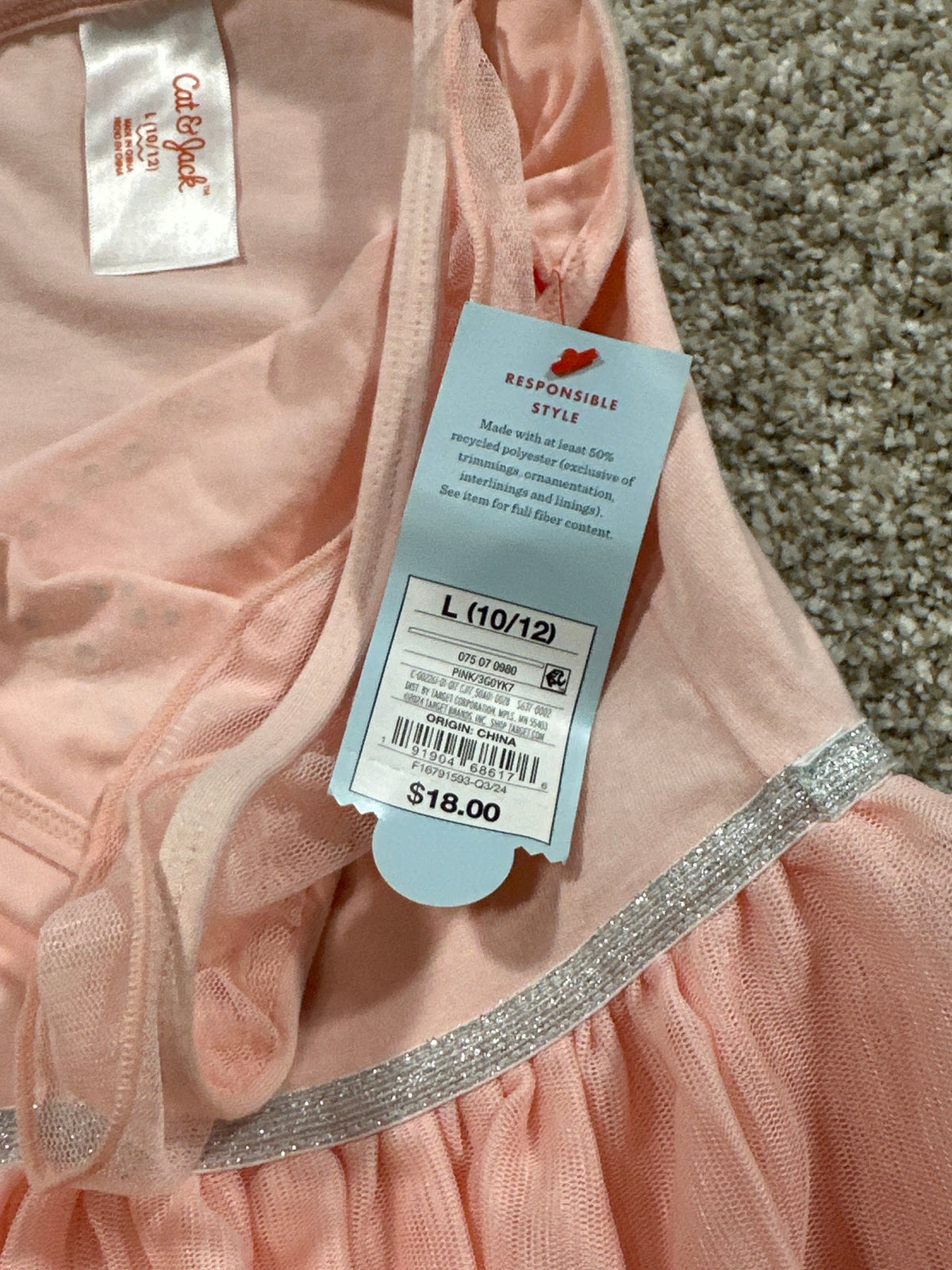 Cat & Jack pink rhinestone star tulle dress bodysuit size L 10 12