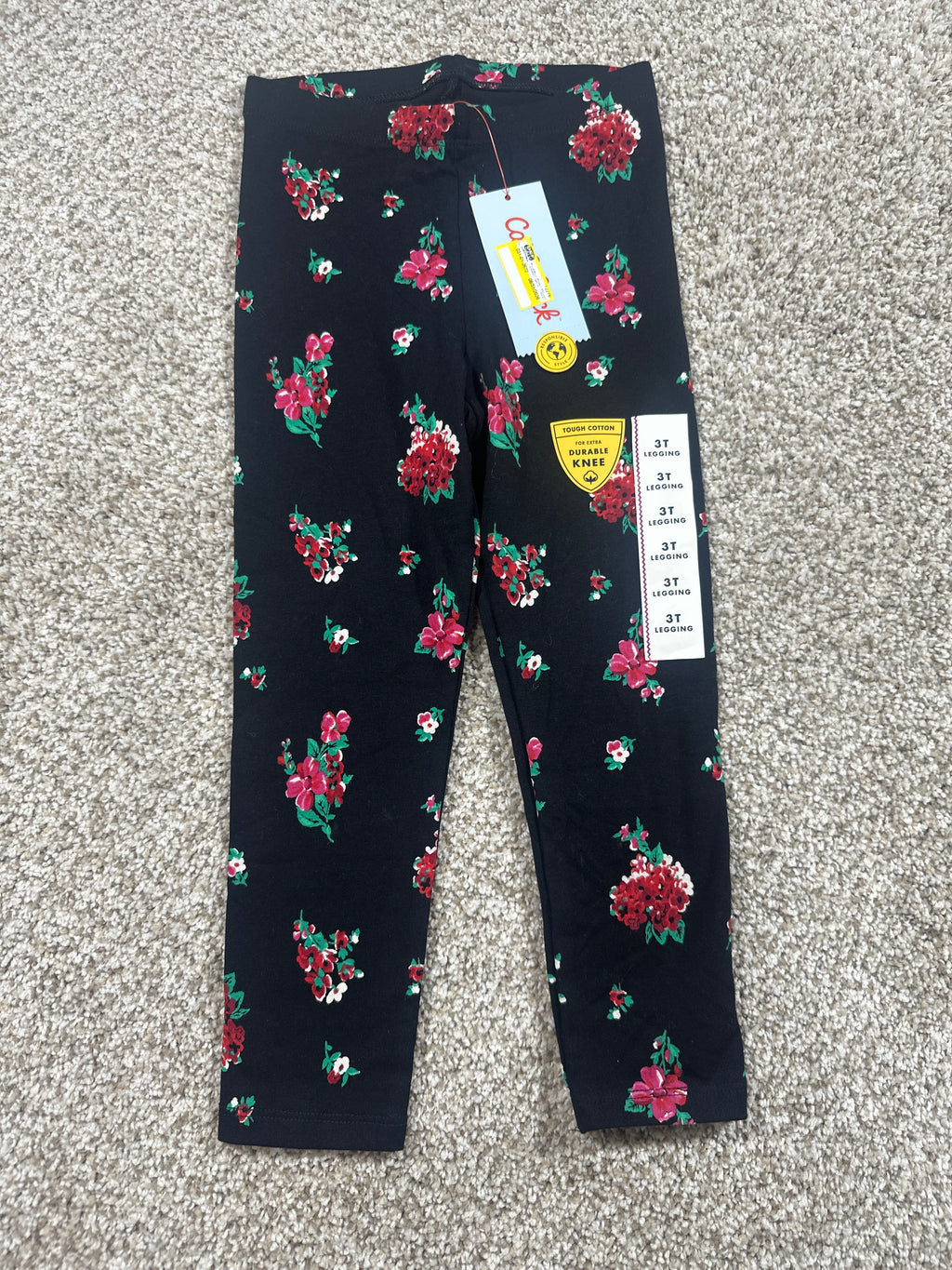 Cat & Jack Girls Black Floral Tough Cotton Leggings 3T NWT