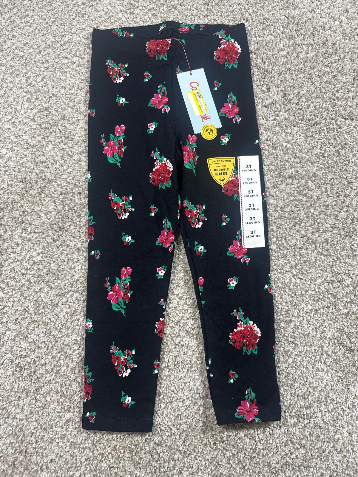 Cat & Jack Girls Black Floral Tough Cotton Leggings 3T NWT