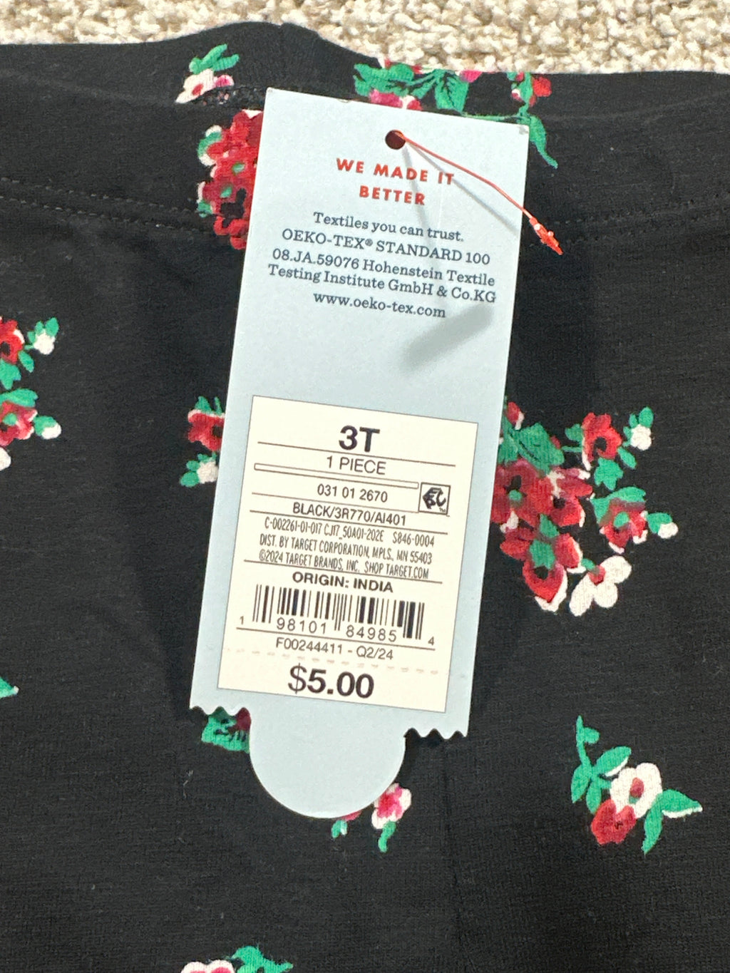Cat & Jack Girls Black Floral Tough Cotton Leggings 3T NWT