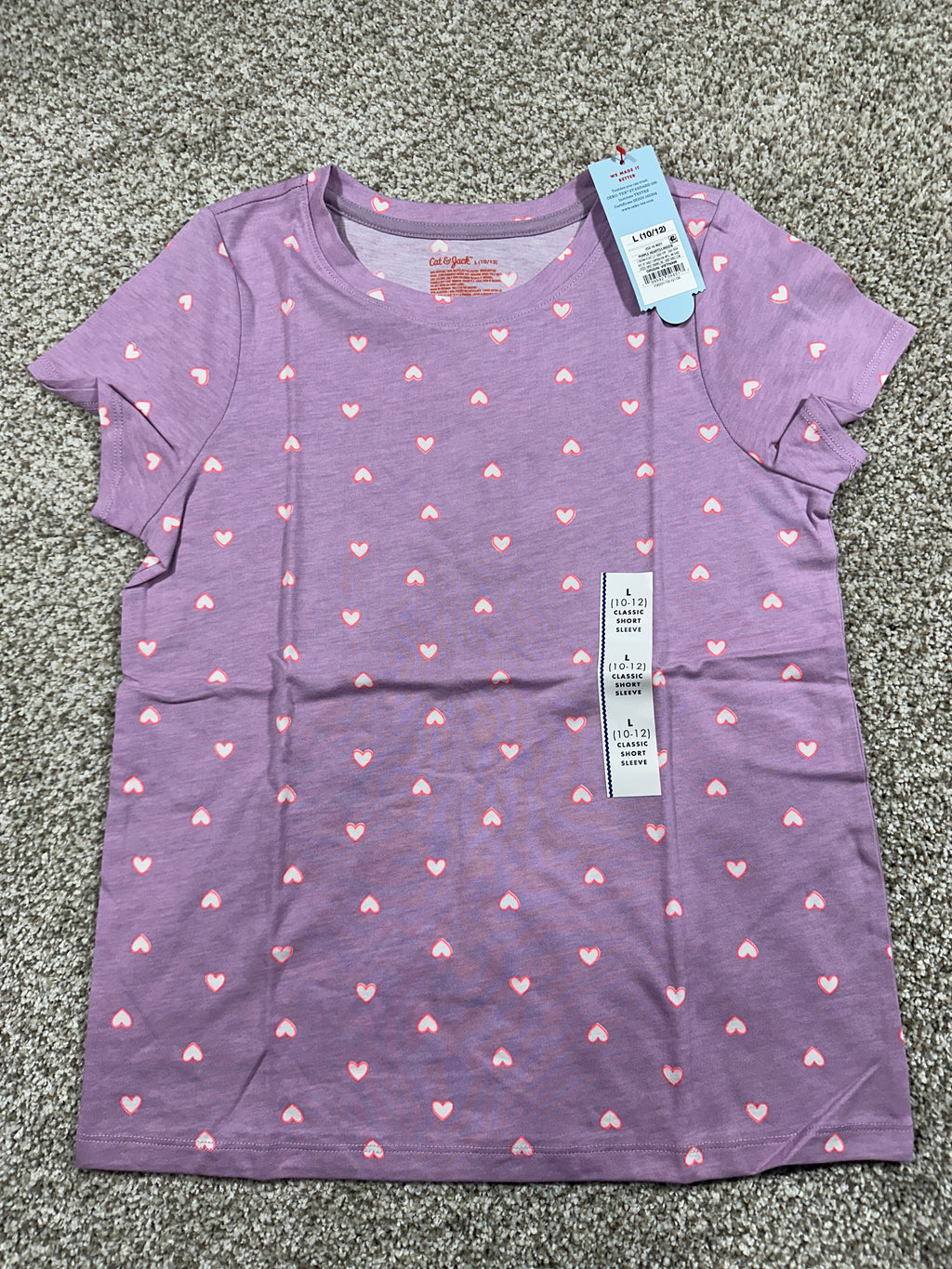 Cat & Jack Girls Purple Hearts Short Sleeve T-Shirt Size L 10/12