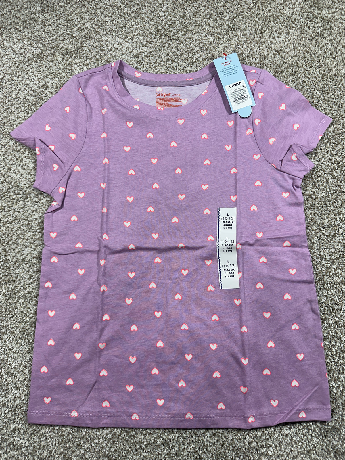 Cat & Jack Girls Purple Hearts Short Sleeve T-Shirt Size L 10/12