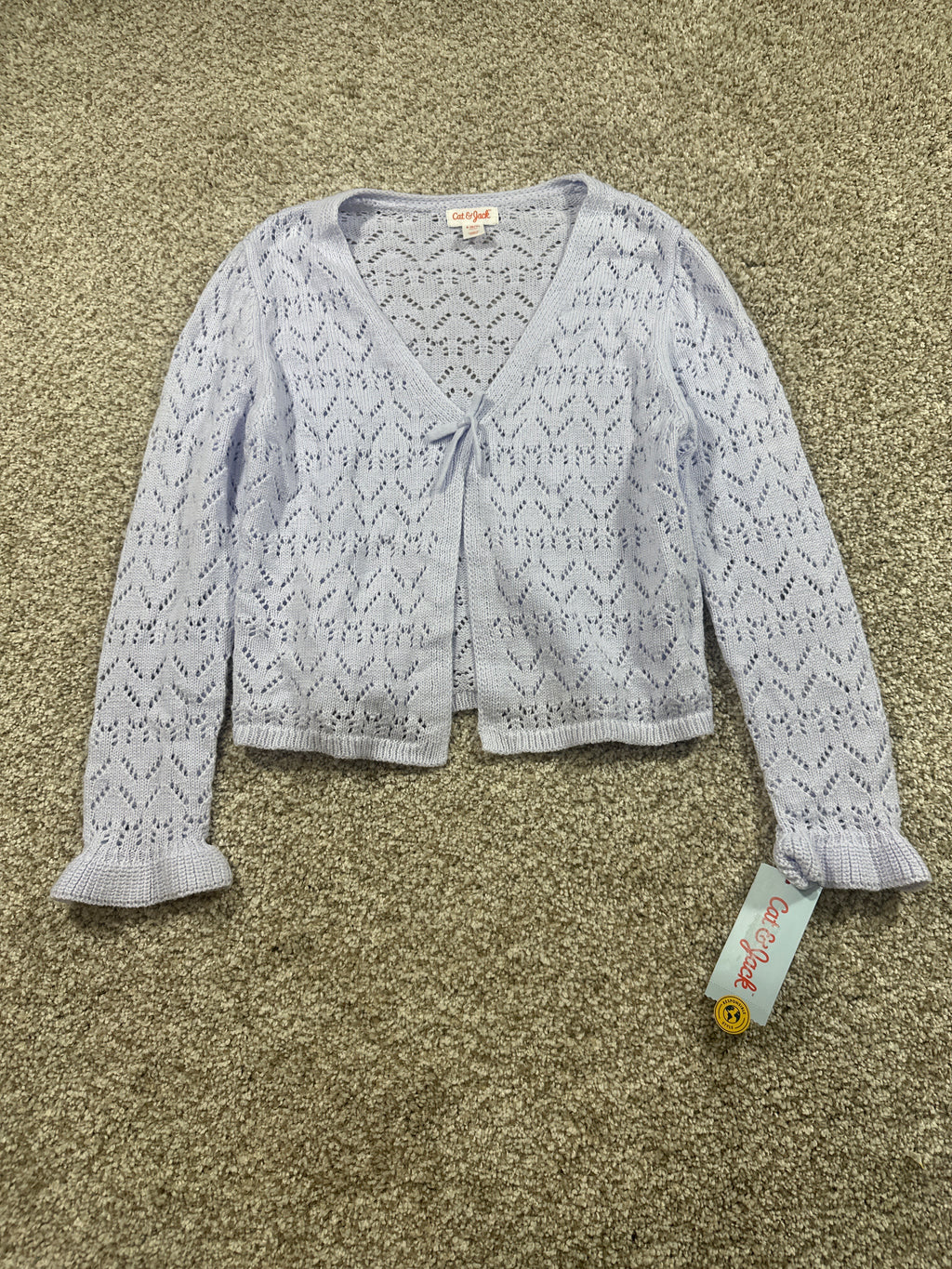 Cat & Jack girls pale lavender pointelle tie-front cardigan, size S 6/7