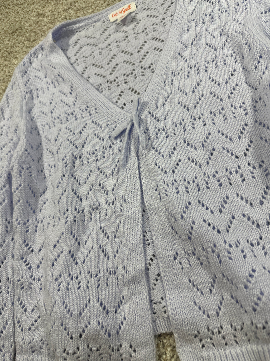 Cat & Jack girls pale lavender pointelle tie-front cardigan, size S 6/7