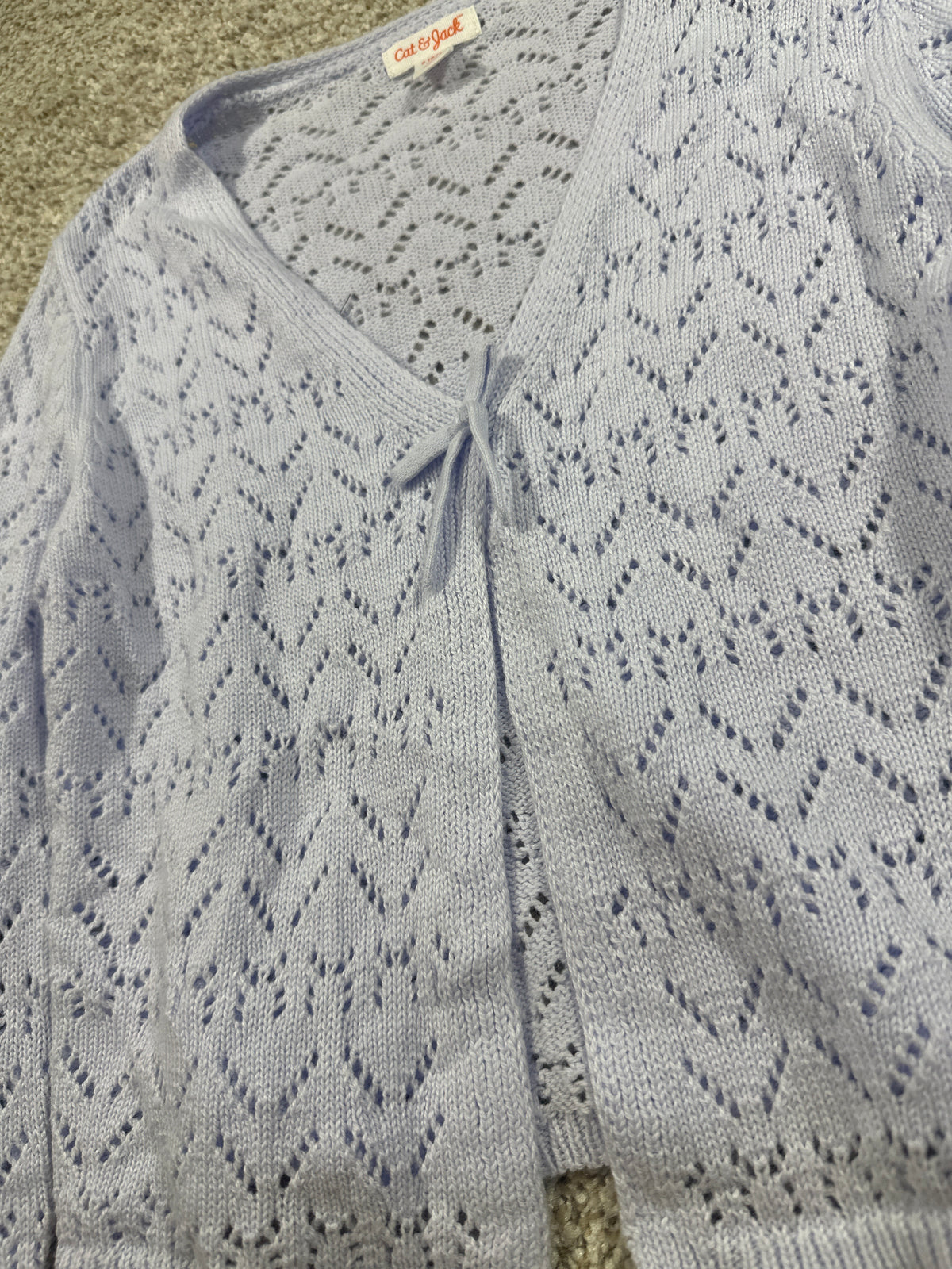 Cat & Jack girls pale lavender pointelle tie-front cardigan, size S 6/7