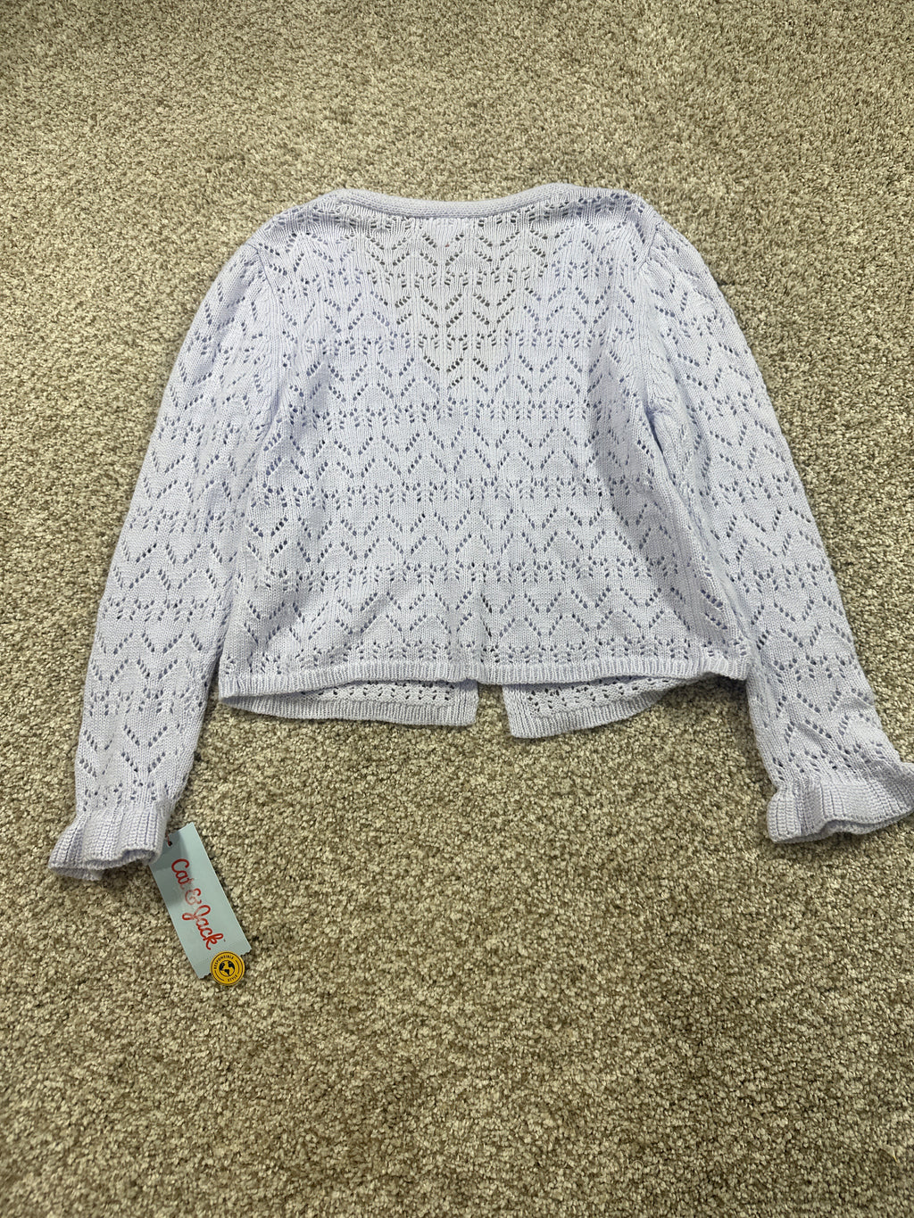 Cat & Jack girls pale lavender pointelle tie-front cardigan, size S 6/7