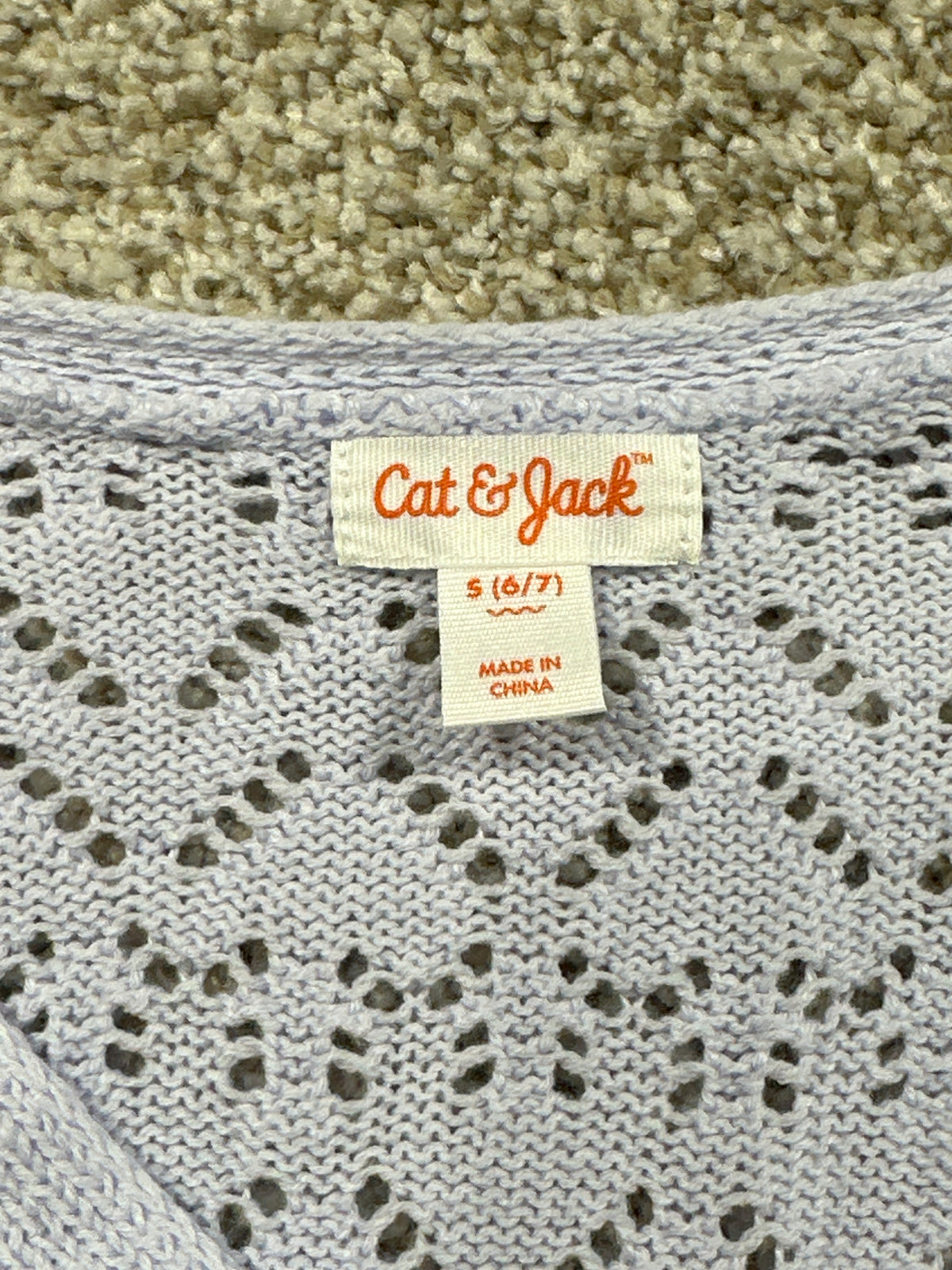 Cat & Jack girls pale lavender pointelle tie-front cardigan, size S 6/7