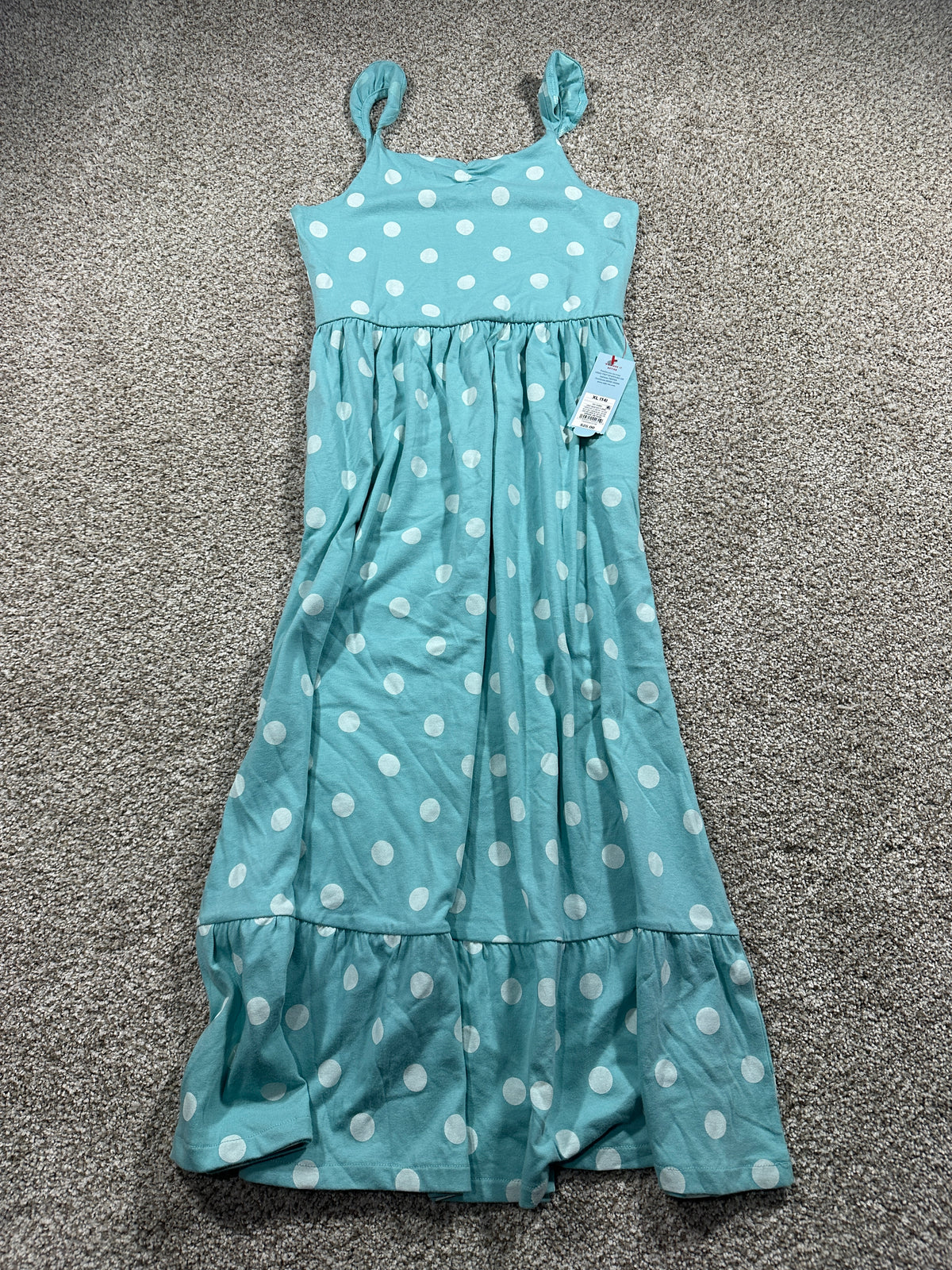 Cat & Jack girls light aqua polka dot maxi dress, size XL 14