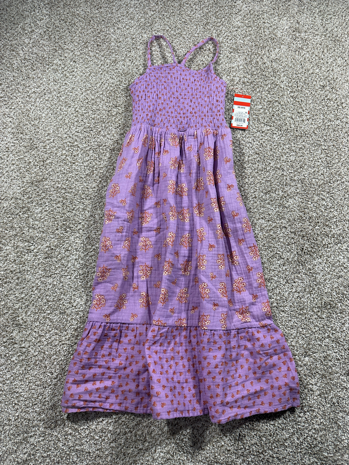 Cat & Jack girls lilac floral smocked maxi dress, size XS 4/5