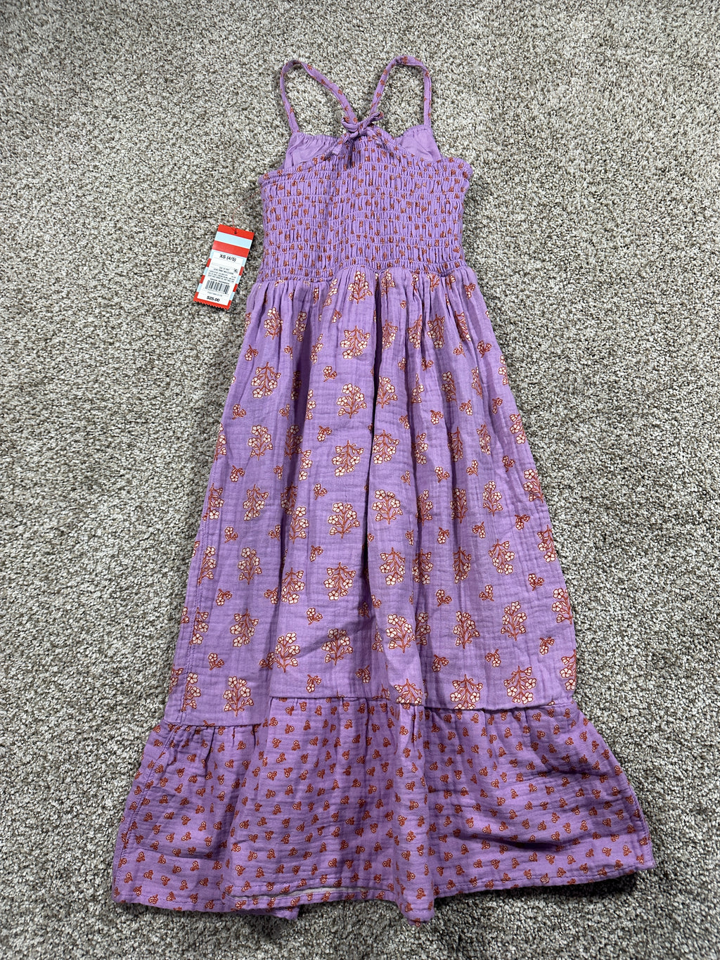 Cat & Jack girls lilac floral smocked maxi dress, size XS 4/5
