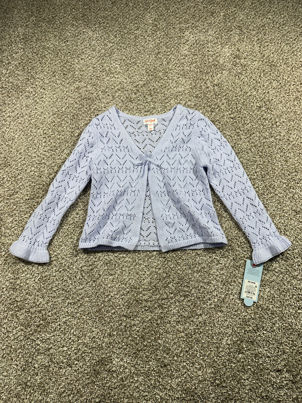 Cat & Jack Girls Pale Lavender Pointelle Tie Front Cardigan Size XS 4 5 — photo 1