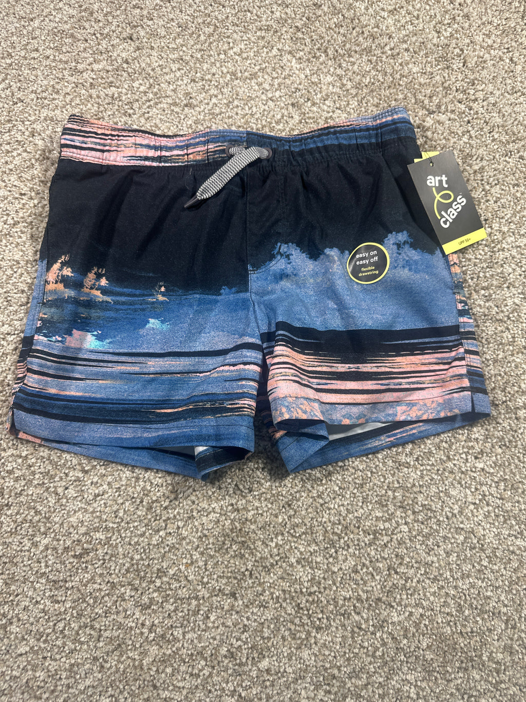 Art Class boys swim trunks size M 8 Husky navy blue pink sunset stripe