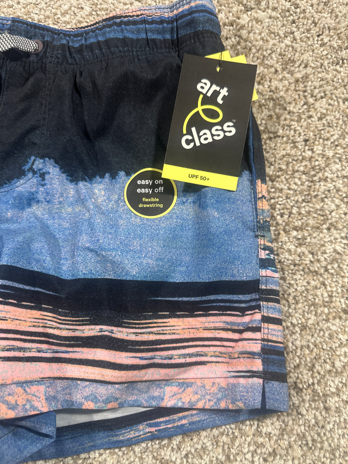 Art Class boys swim trunks size M 8 Husky navy blue pink sunset stripe