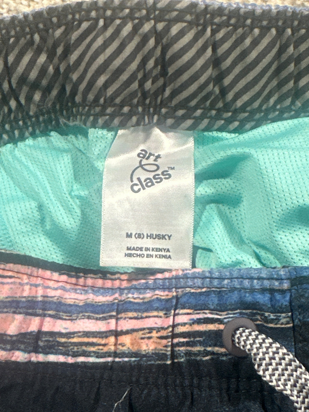 Art Class boys swim trunks size M 8 Husky navy blue pink sunset stripe