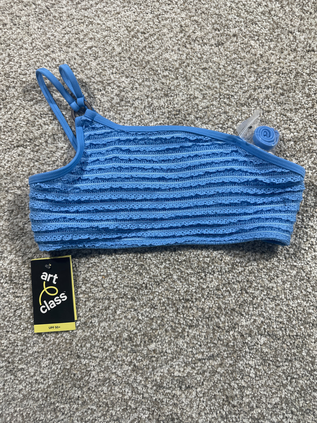 Art Class girls blue textured one-shoulder bikini swim top, size XL 14