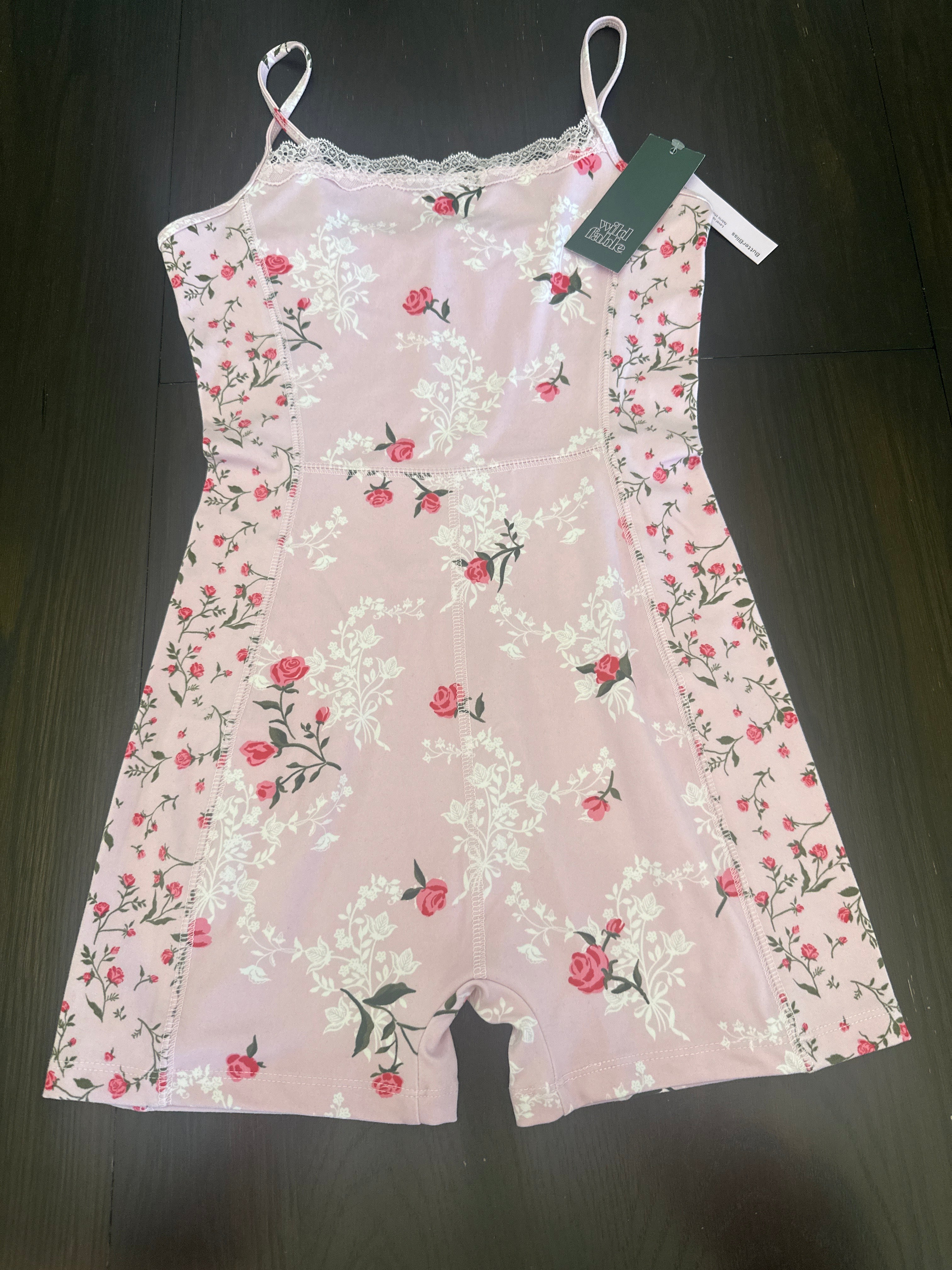 Wild Fable Women's ButterBliss Lace Trim Romper Light Pink Floral