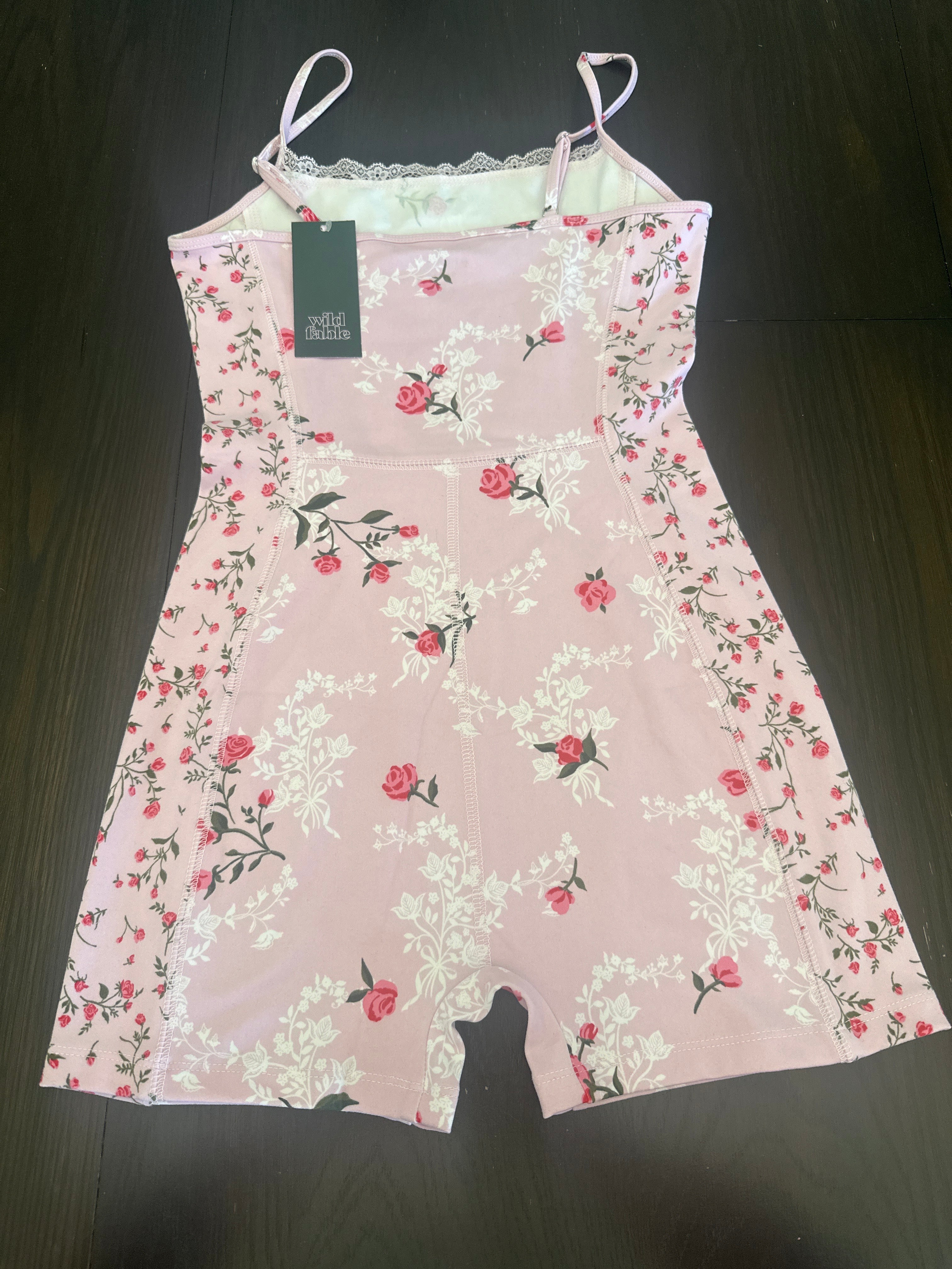 Wild Fable Women's ButterBliss Lace Trim Romper Light Pink Floral