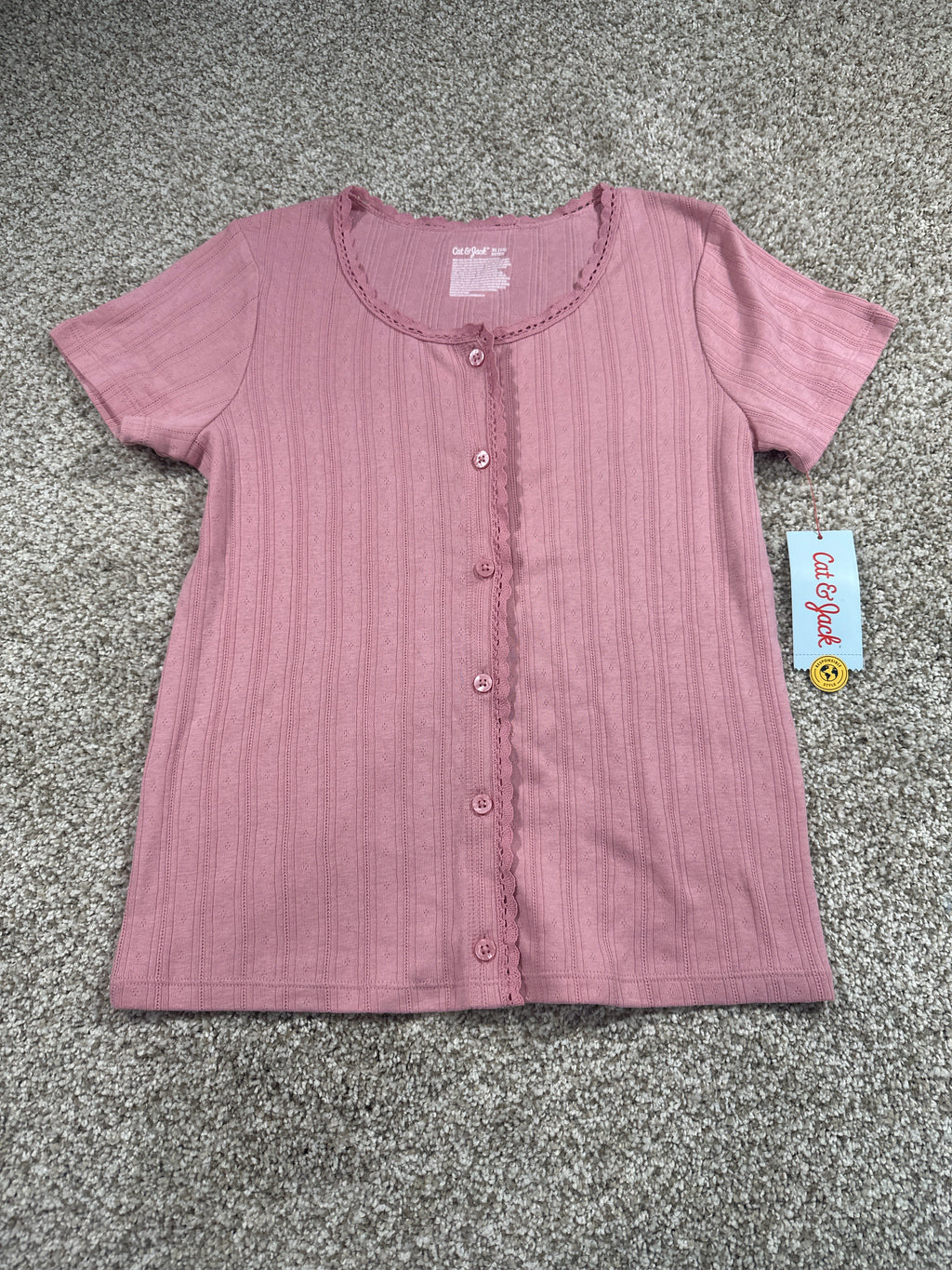 Cat & Jack girls mauve pink pointelle lace-trim button-front top, size XL 14