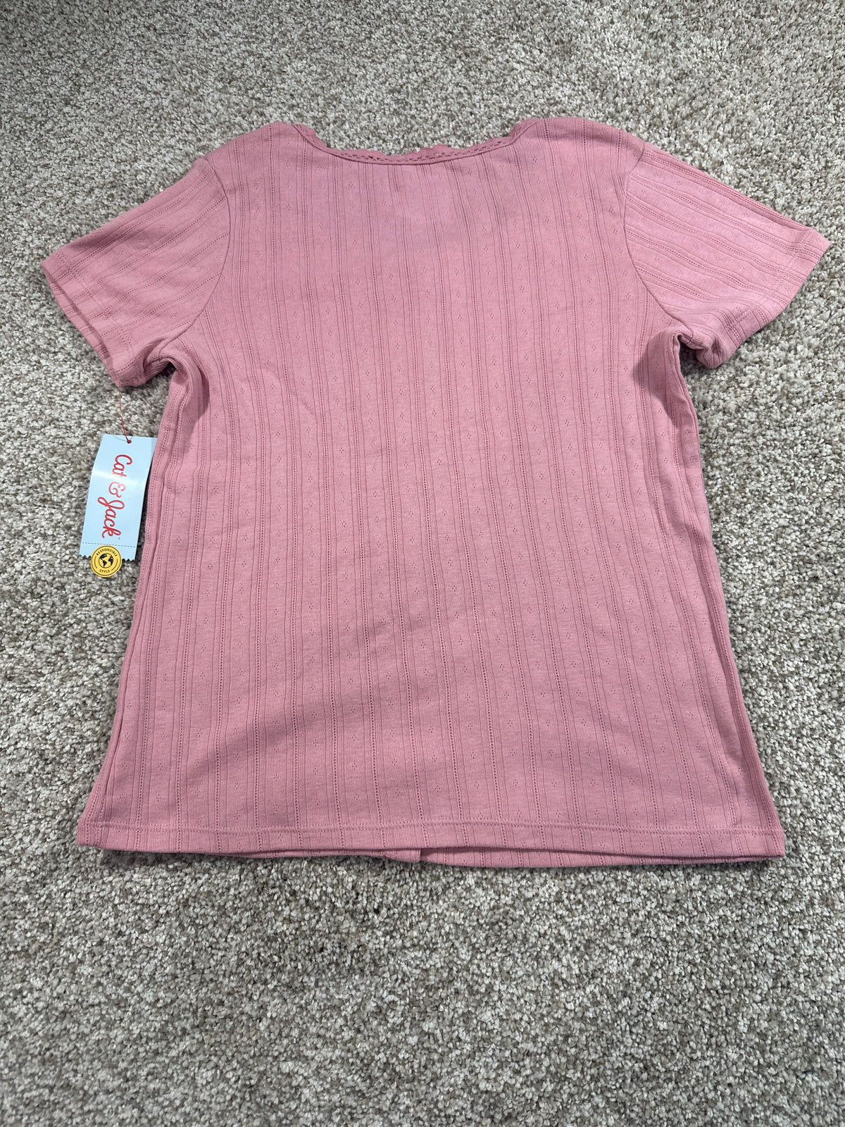 Cat & Jack girls mauve pink pointelle lace-trim button-front top, size XL 14