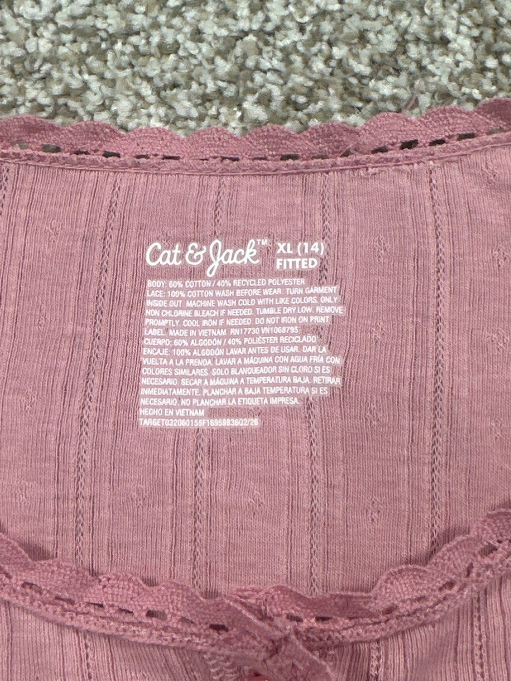 Cat & Jack girls mauve pink pointelle lace-trim button-front top, size XL 14