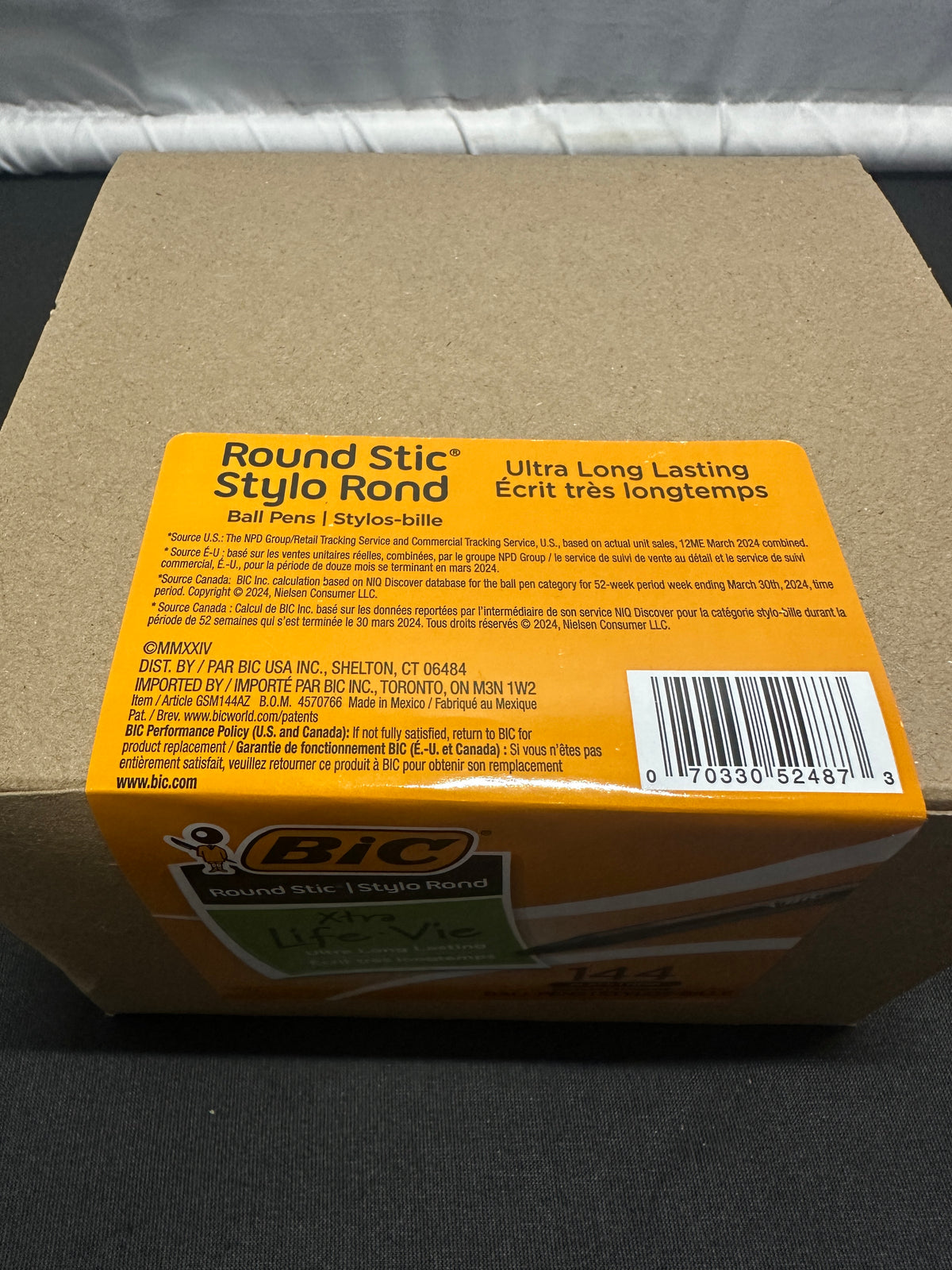BIC Round Stic Xtra Life black ballpoint pens 144-count carton barcode and details