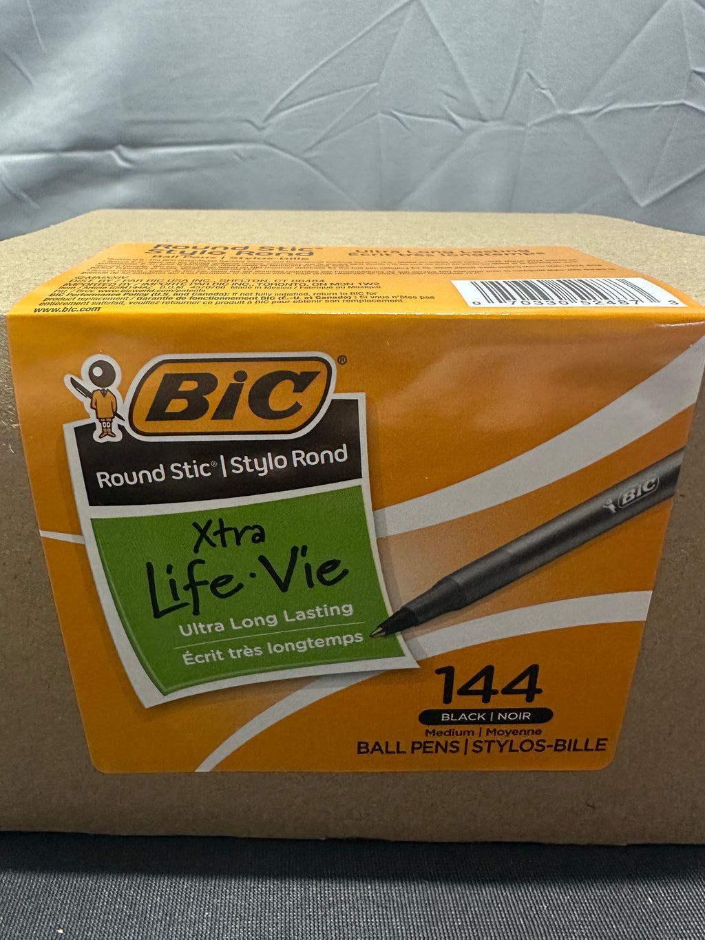 BIC Round Stic Xtra Life black ballpoint pens 144-count carton front alternate view