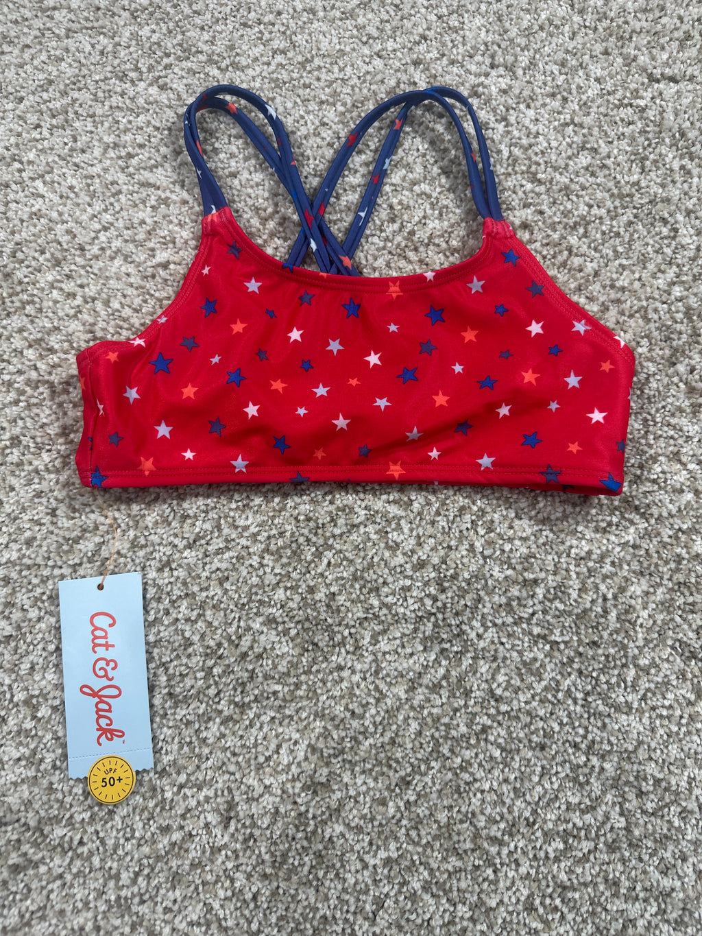 Cat & Jack girls red star-print strappy swim top, size S 6/7