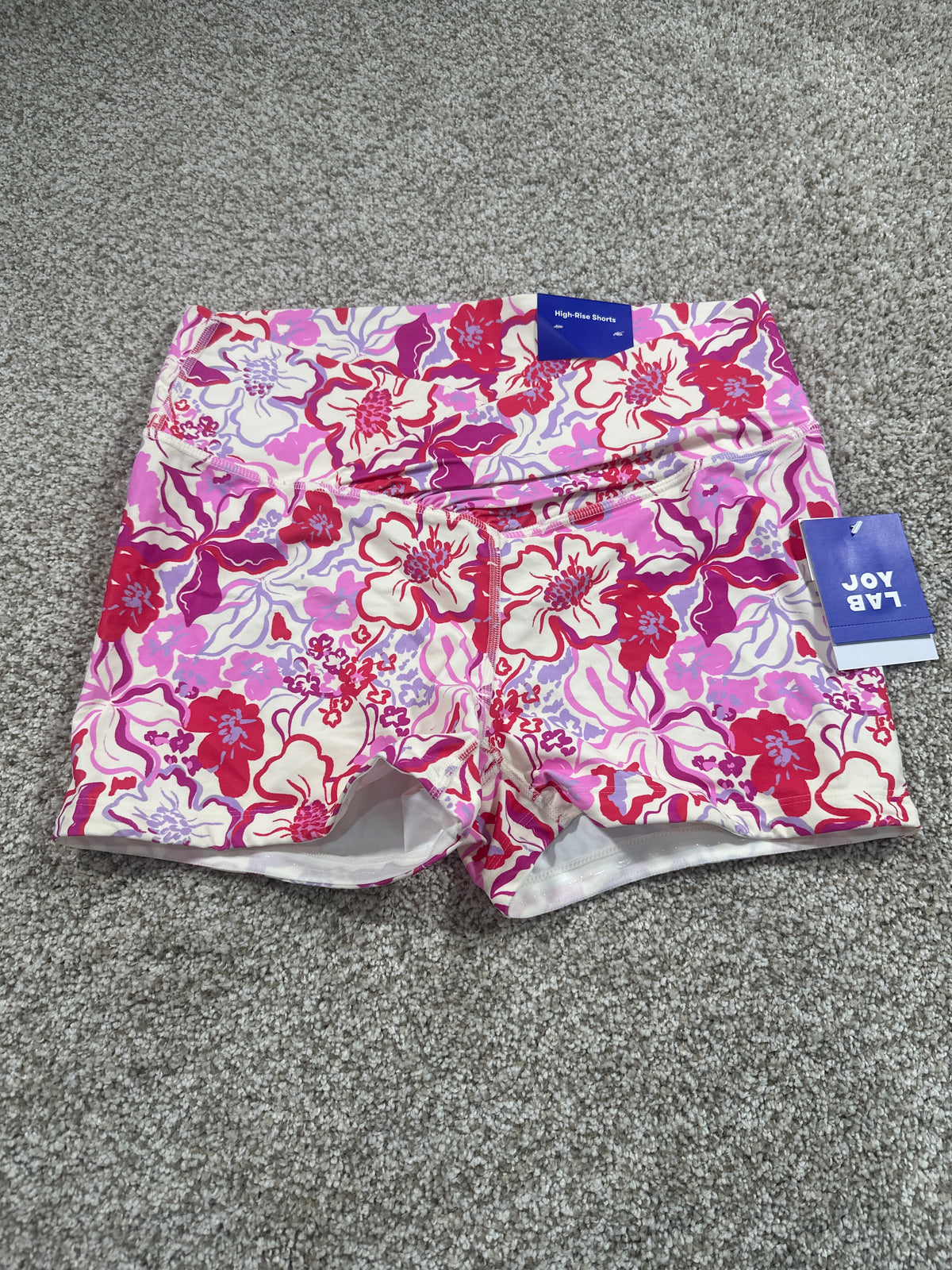 JoyLab women's tropical floral high-rise 3-inch bike shorts front view