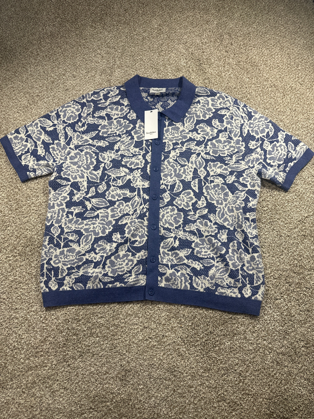 Goodfellow & Co short sleeve full button sweater polo XL blue floral front