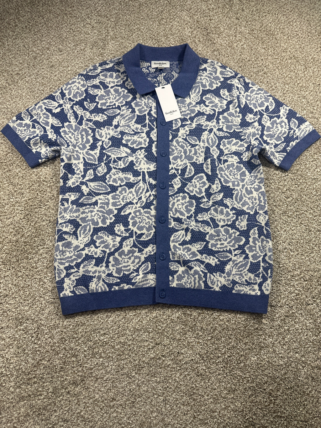 Goodfellow & Co short sleeve full button sweater polo M blue floral front