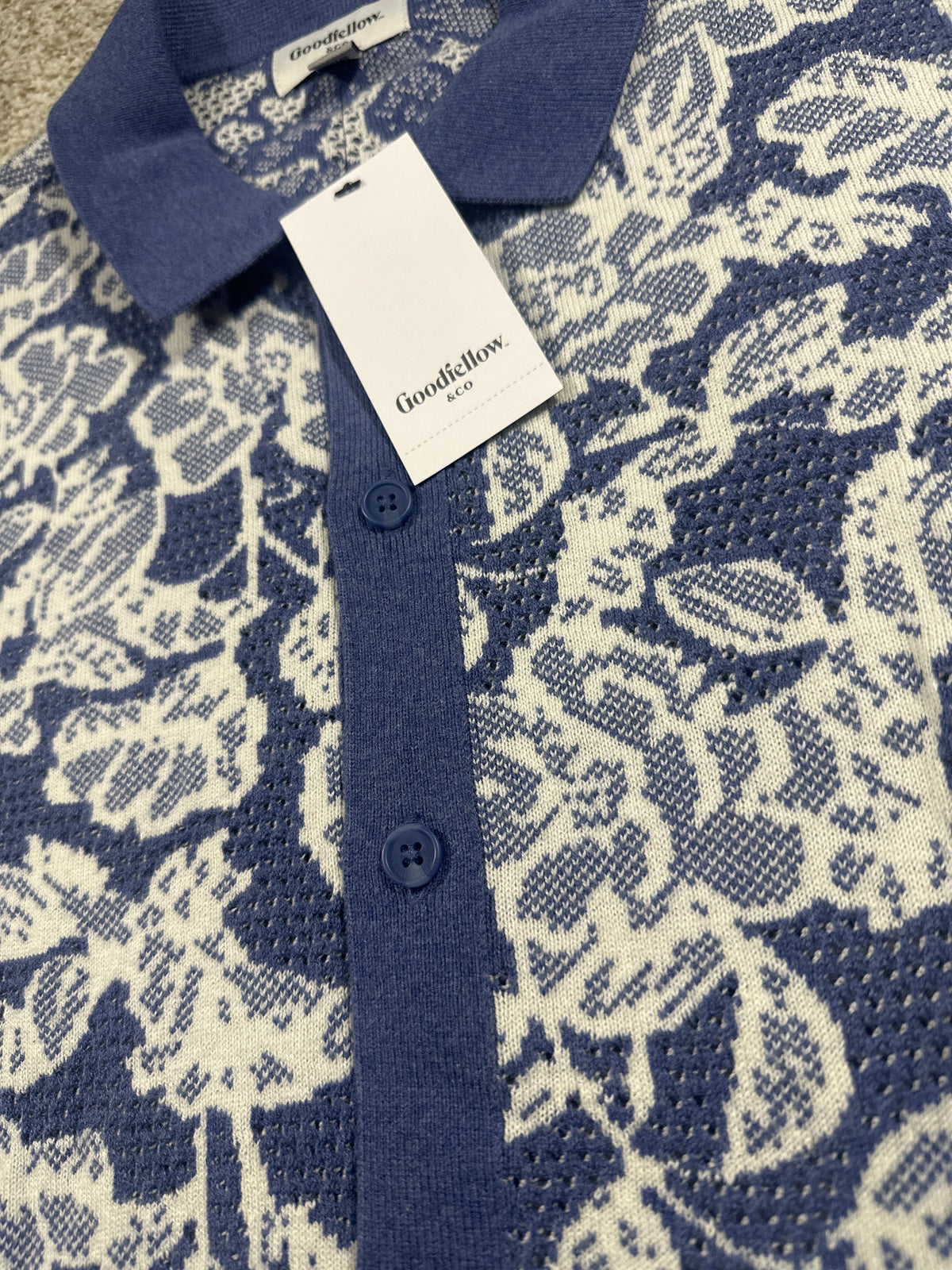 Goodfellow & Co short sleeve full button sweater polo M floral knit detail