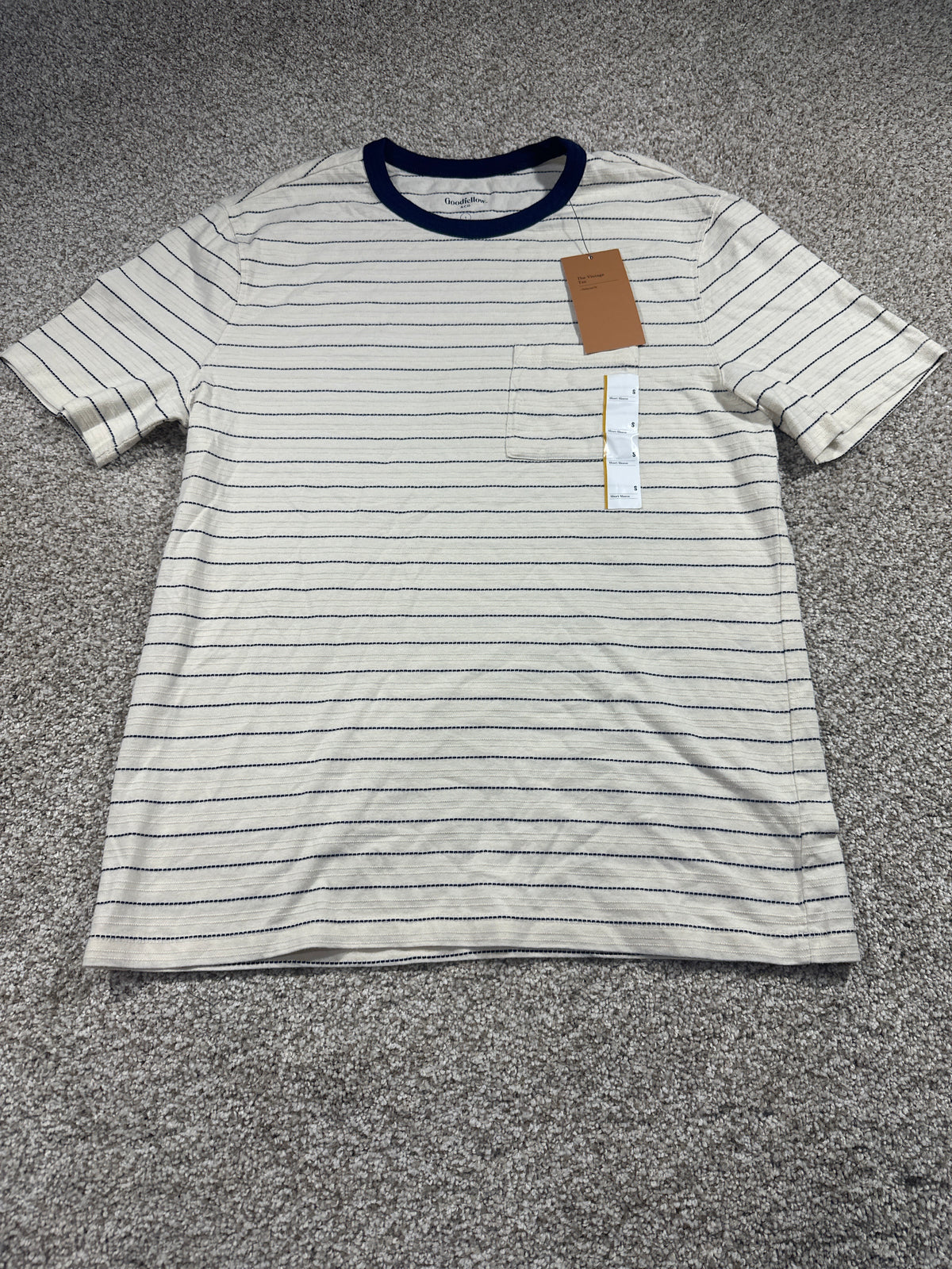 Goodfellow & Co textured vintage pocket T-shirt small off-white navy stripe