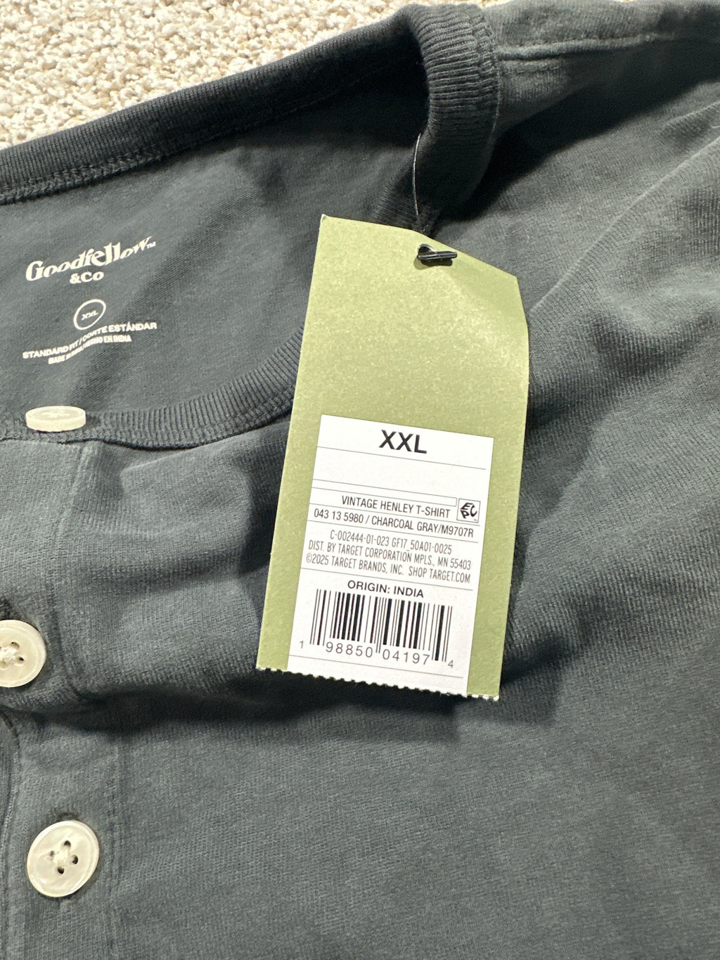 Goodfellow & Co vintage Henley T-shirt XXL charcoal gray