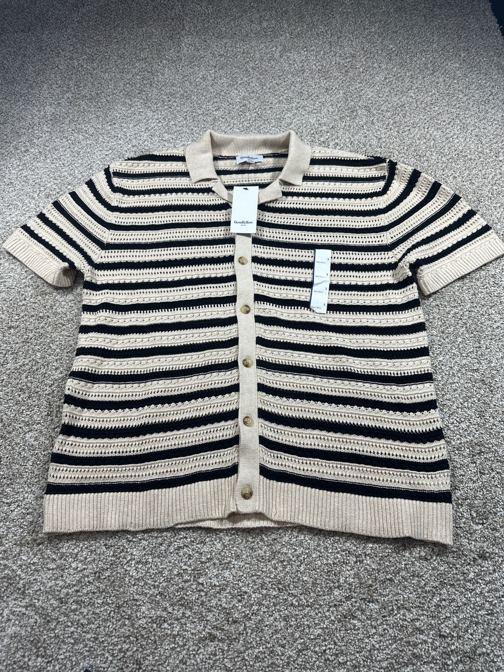Goodfellow & Co men's short-sleeve full-button polo sweater large black tan stripe