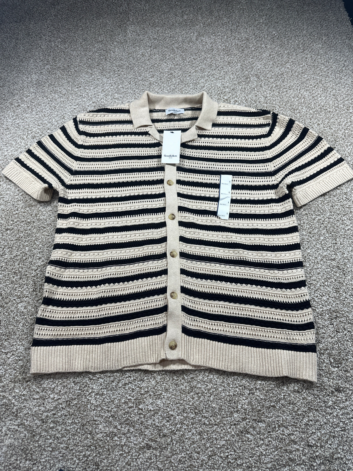 Goodfellow & Co men's short-sleeve full-button polo sweater large black tan stripe