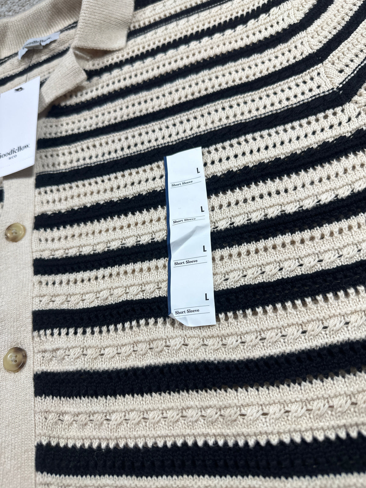 Goodfellow & Co men's short-sleeve full-button polo sweater large black tan stripe