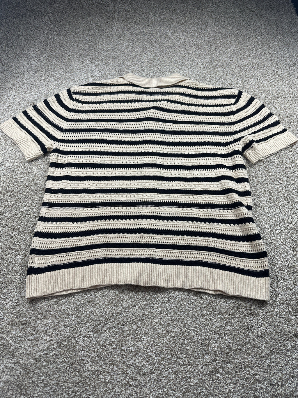 Goodfellow & Co men's short-sleeve full-button polo sweater large black tan stripe