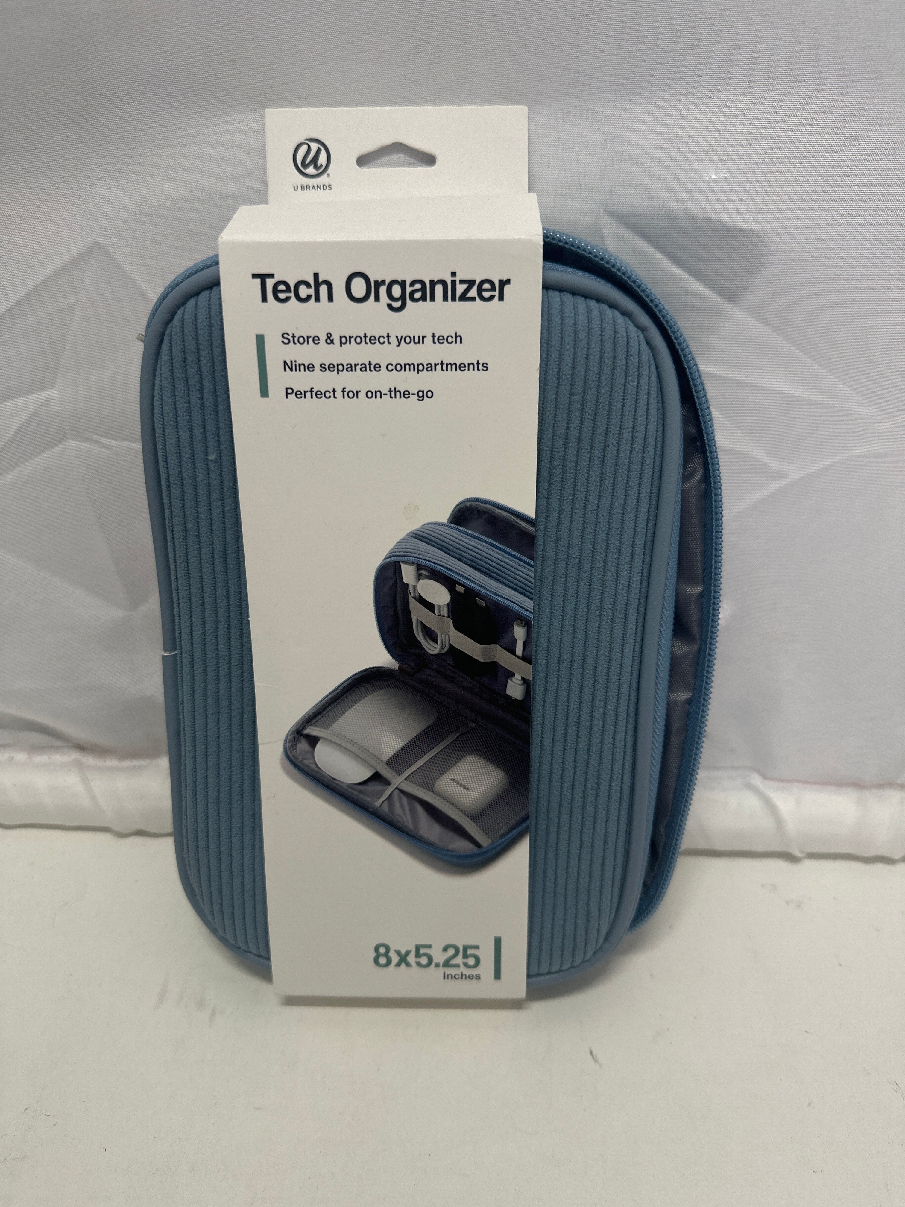 U Brands Tech Organizer Case Blue Corduroy Travel Cable Accessory Storage