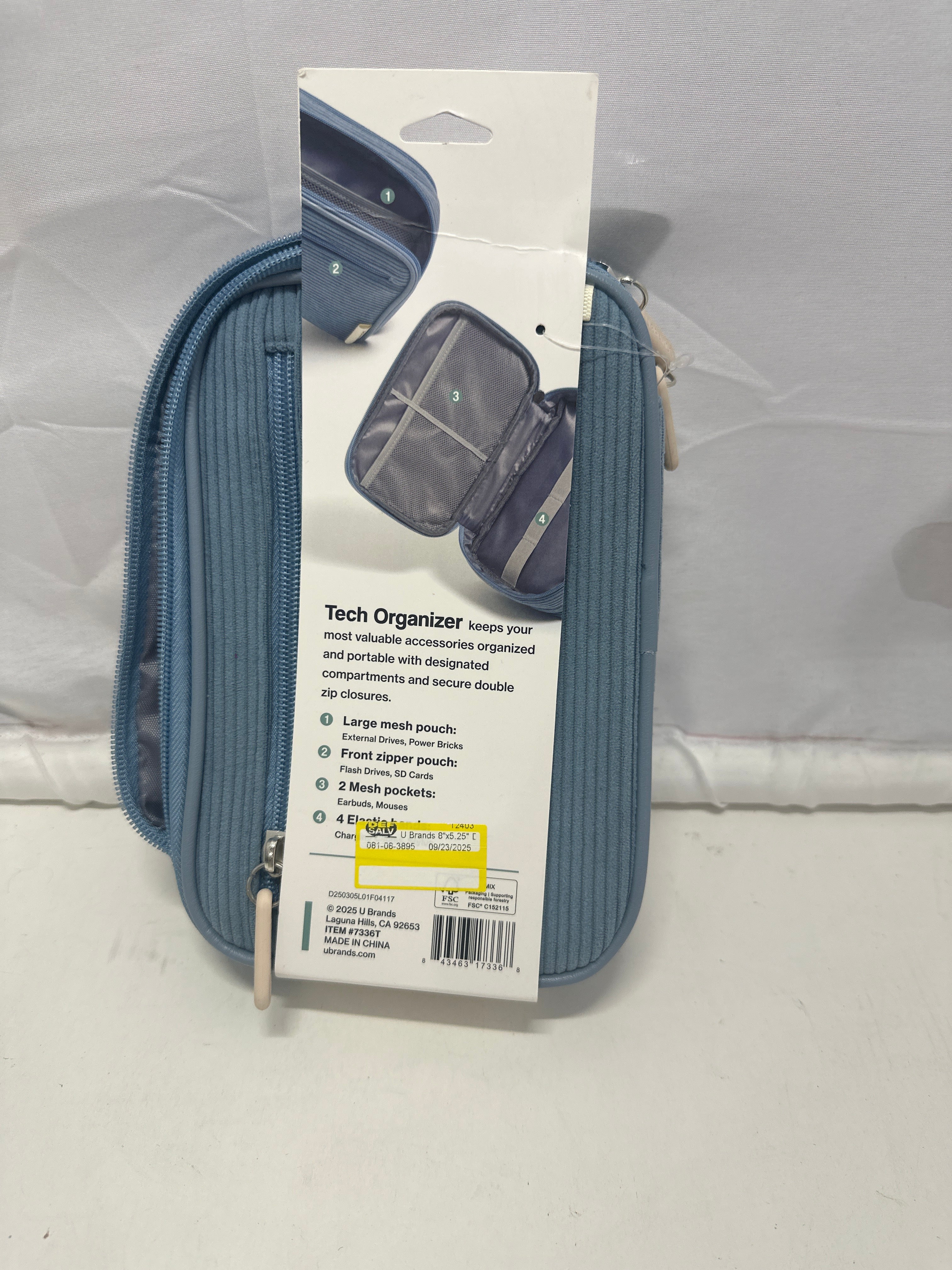 U Brands Tech Organizer Case Blue Corduroy Travel Cable Accessory Storage