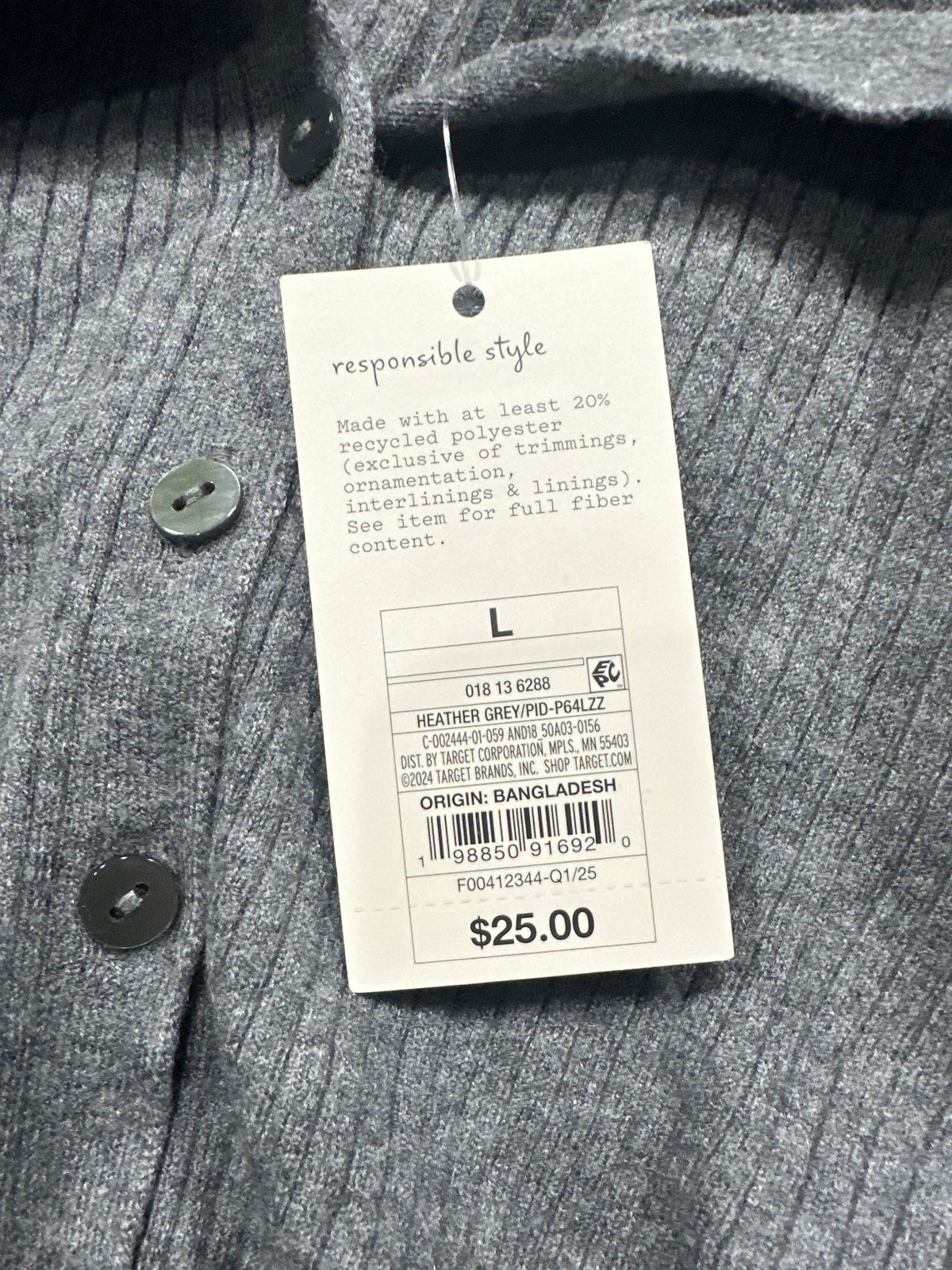 A New Day heather gray ribbed button front cardigan, view 5