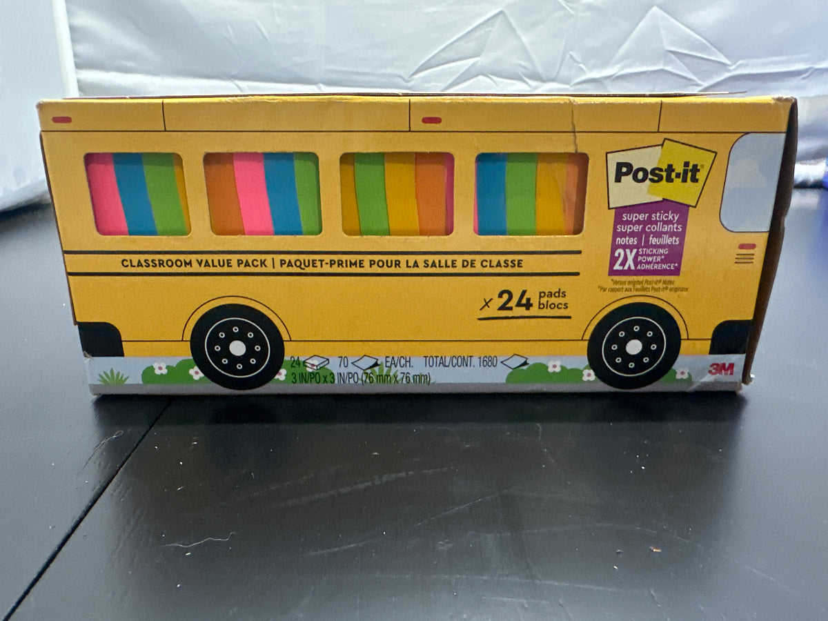 Post-it Super Sticky Notes classroom value pack 24 pads school bus case