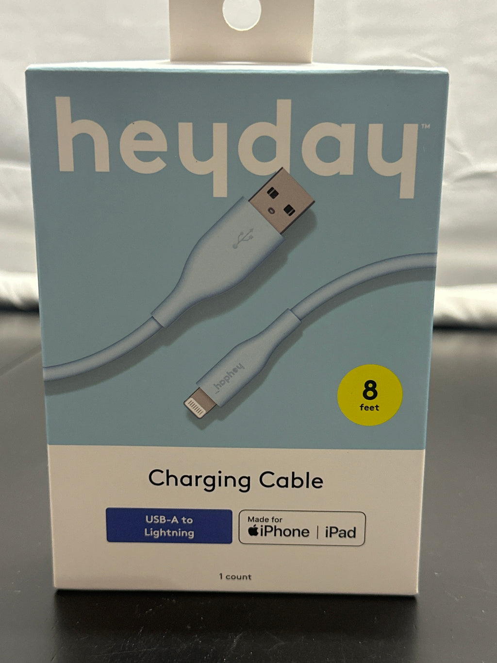 heyday Pastel Blue 8ft USB-A to Lightning Silicone Charging Cable retail packaging
