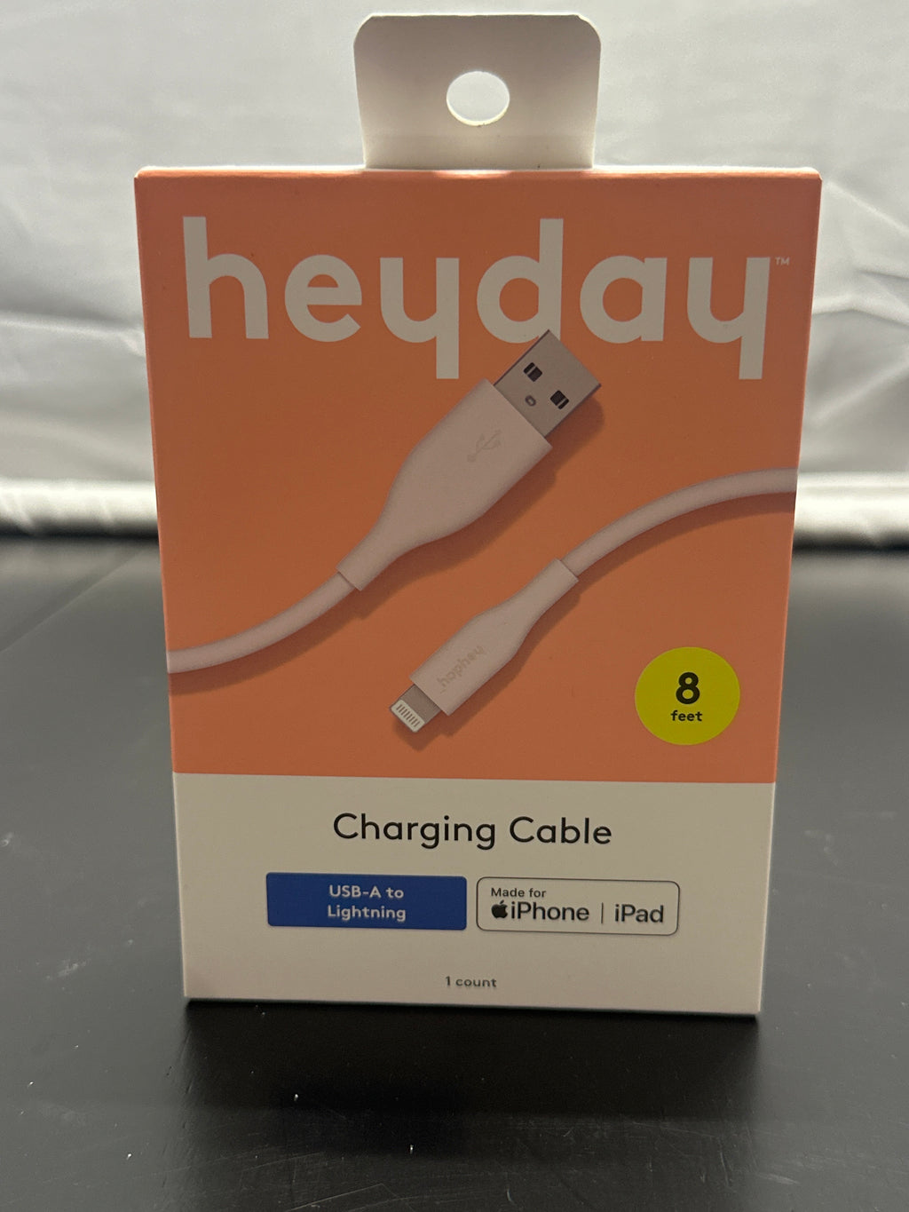 heyday Pastel Pink 8ft USB-A to Lightning Silicone Charging Cable retail packaging