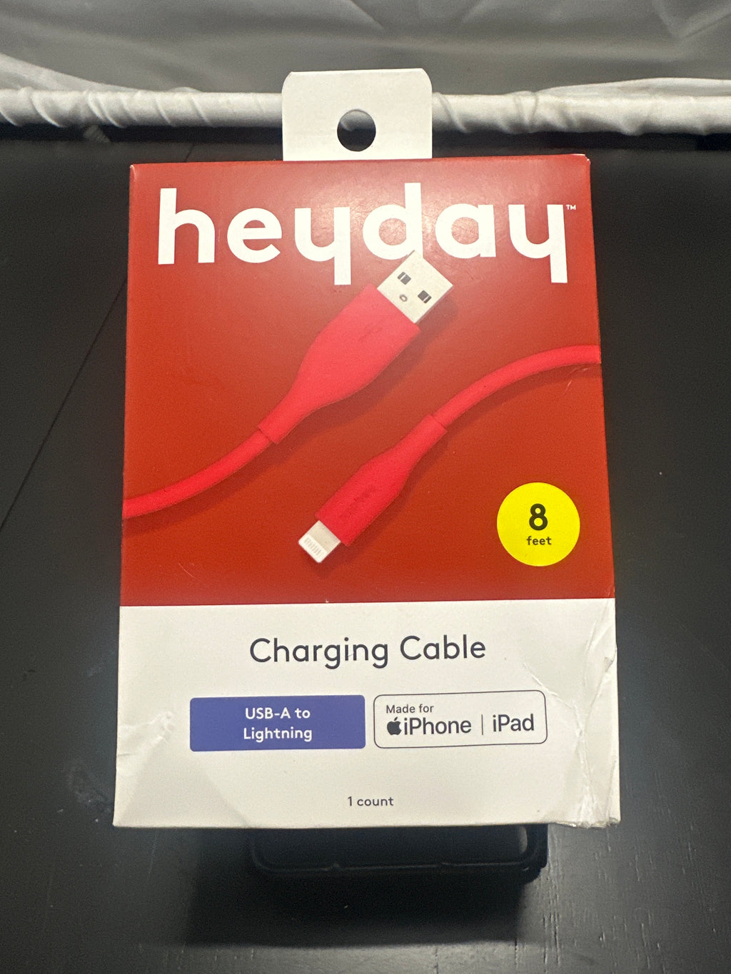 heyday Poppy Red 8ft USB-A to Lightning Silicone Charging Cable retail packaging