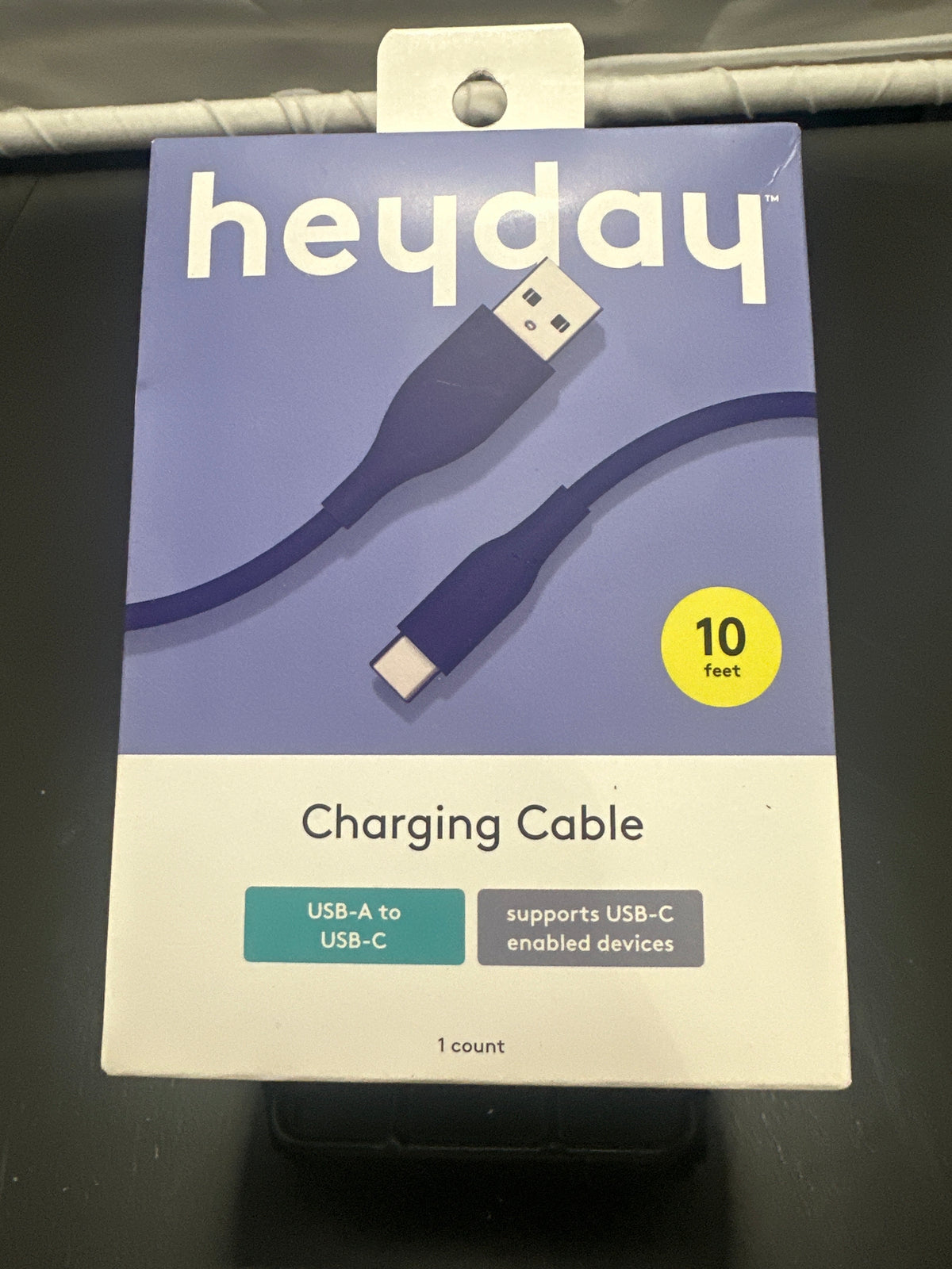 heyday Future Dusk 10ft USB-A to USB-C Charging Cable retail packaging