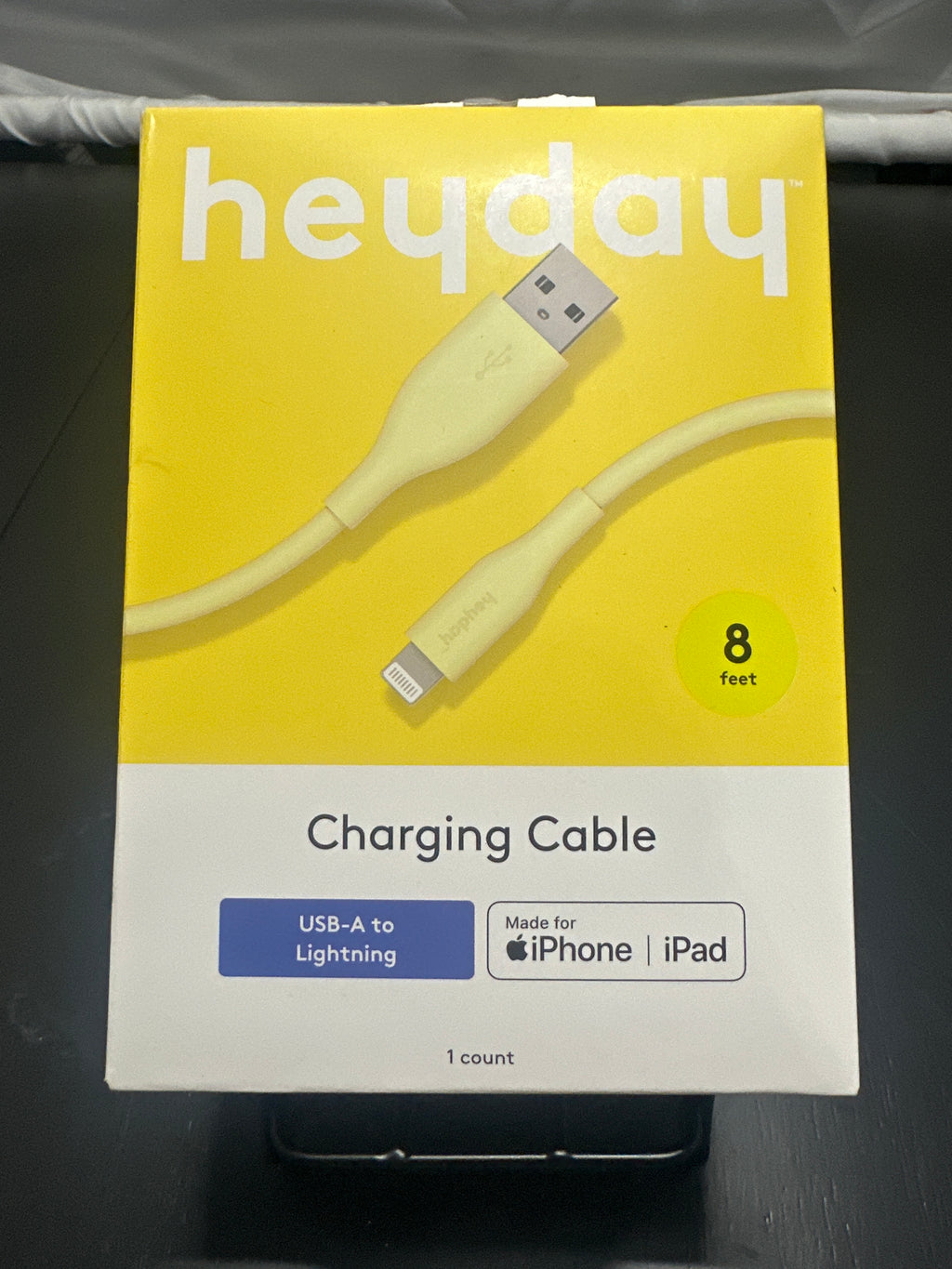 heyday Pastel Yellow 8ft USB-A to Lightning Silicone Charging Cable retail packaging