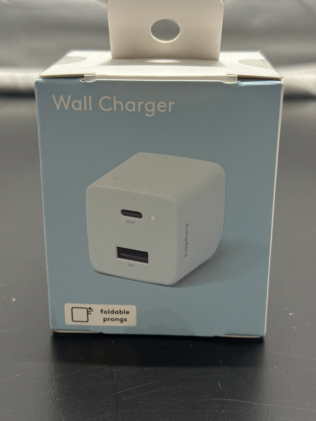 heyday blue 25W dual-port wall charger retail box showing USB-C and USB-A ports